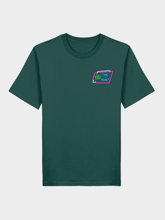 Grünes T-Shirt mit kleinem Time is Money Neon-Logo auf der Brust – Urban Streetwear