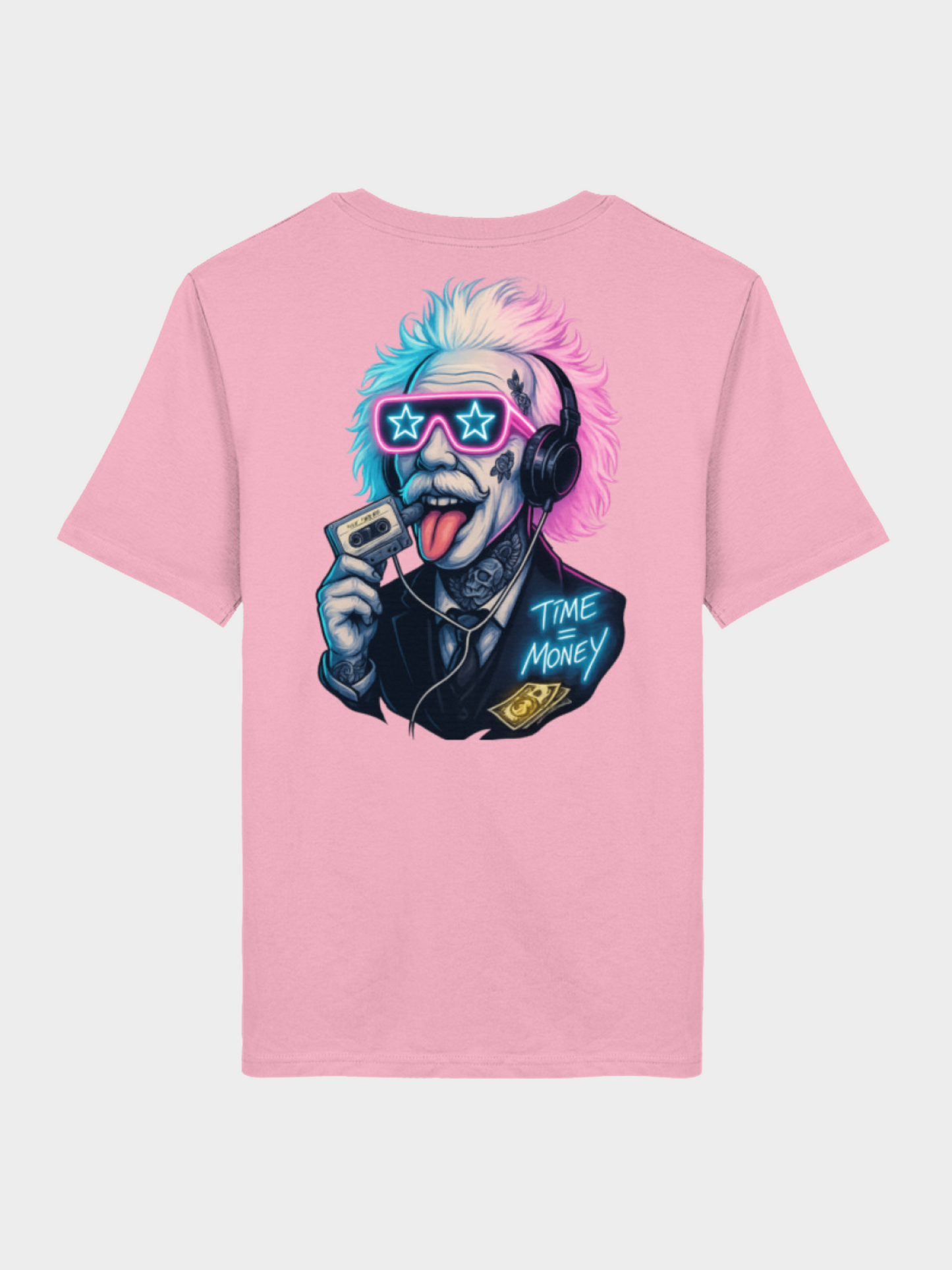 Pinke T-Shirt mit großem Einstein Time is Money Print auf der Rückseite – Retro Style