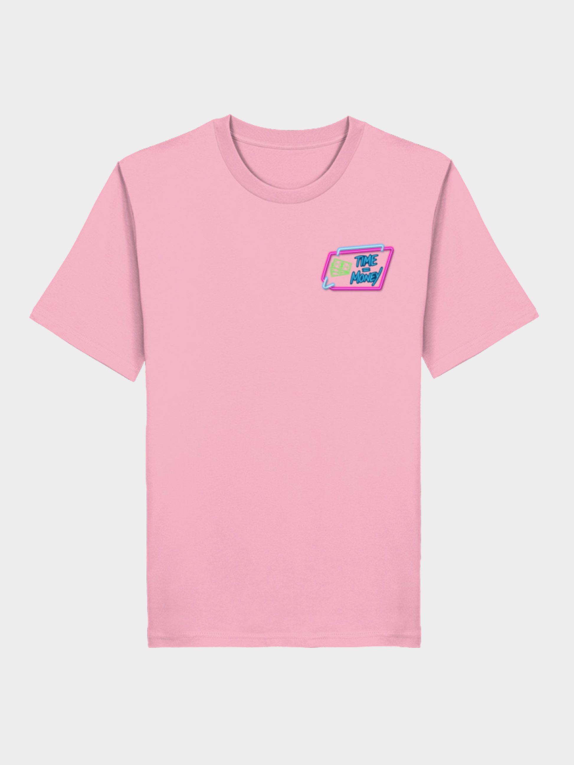 Pinke T-Shirt mit kleinem Time is Money Neon-Logo auf der Brust – stylisches Streetwear Shirt
