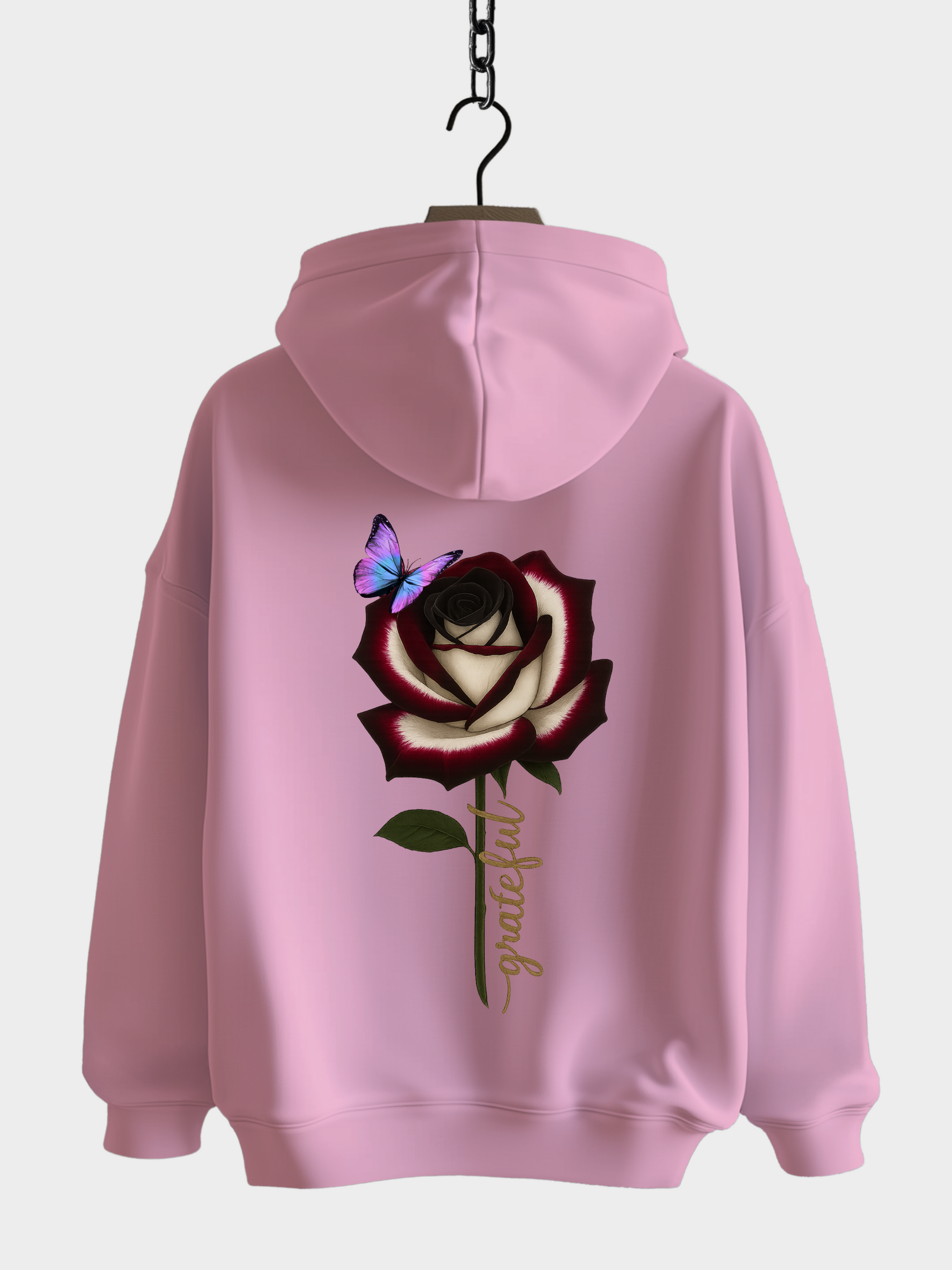 Grateful Hoodie Bubble Pink mit Rosen- und Schmetterling-Design Rückansicht