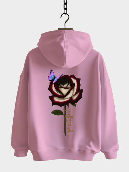 Grateful Hoodie Bubble Pink mit Rosen- und Schmetterling-Design Rückansicht