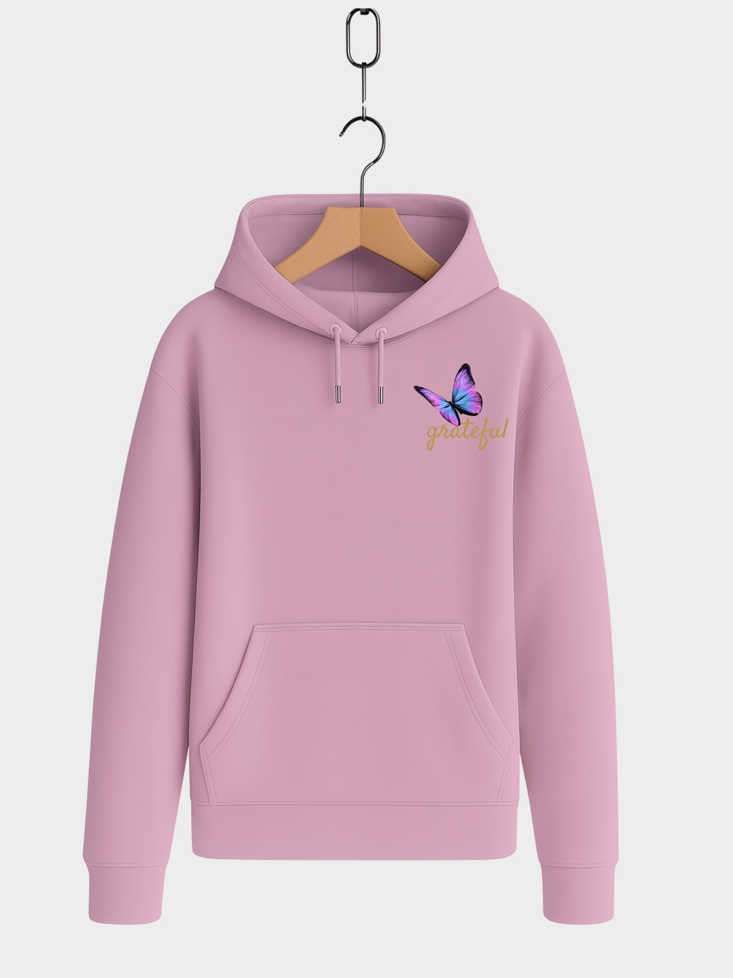 Grateful Hoodie Bubble Pink mit Schmetterling Stickerei Frontansicht