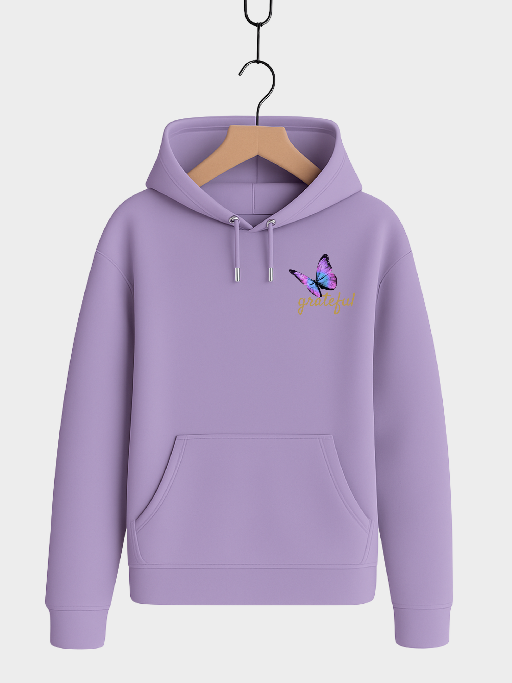 Lila Grateful Hoodie Vorderseite mit kleinem Schmetterling und Schriftzug auf Brust