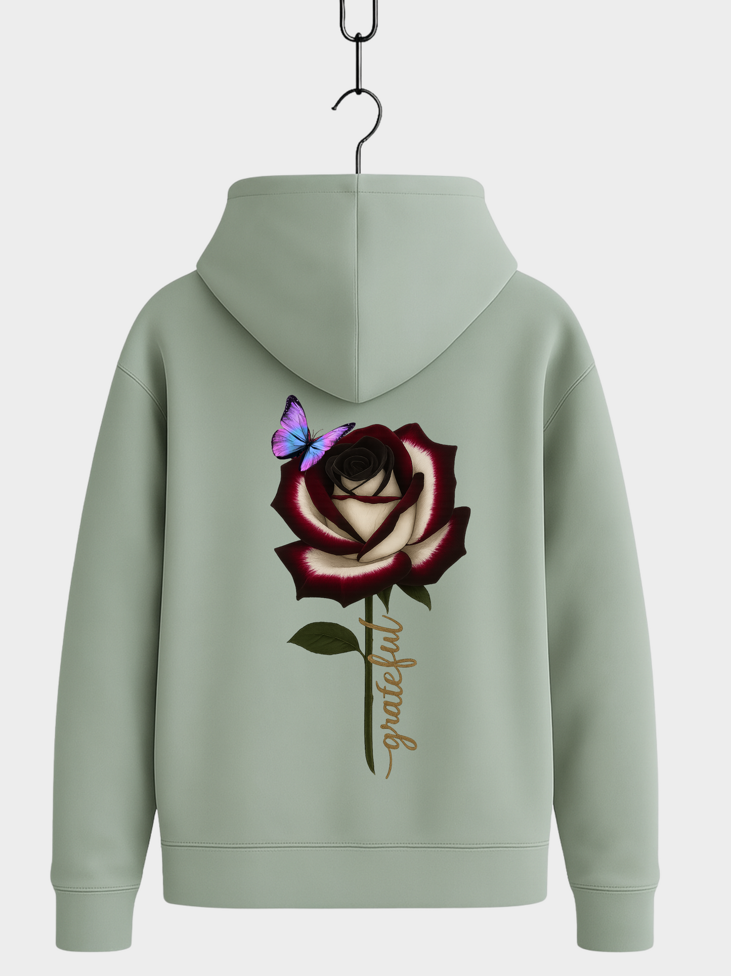 Aloe Hoodie Rückansicht mit Rose und Schmetterling Stickerei