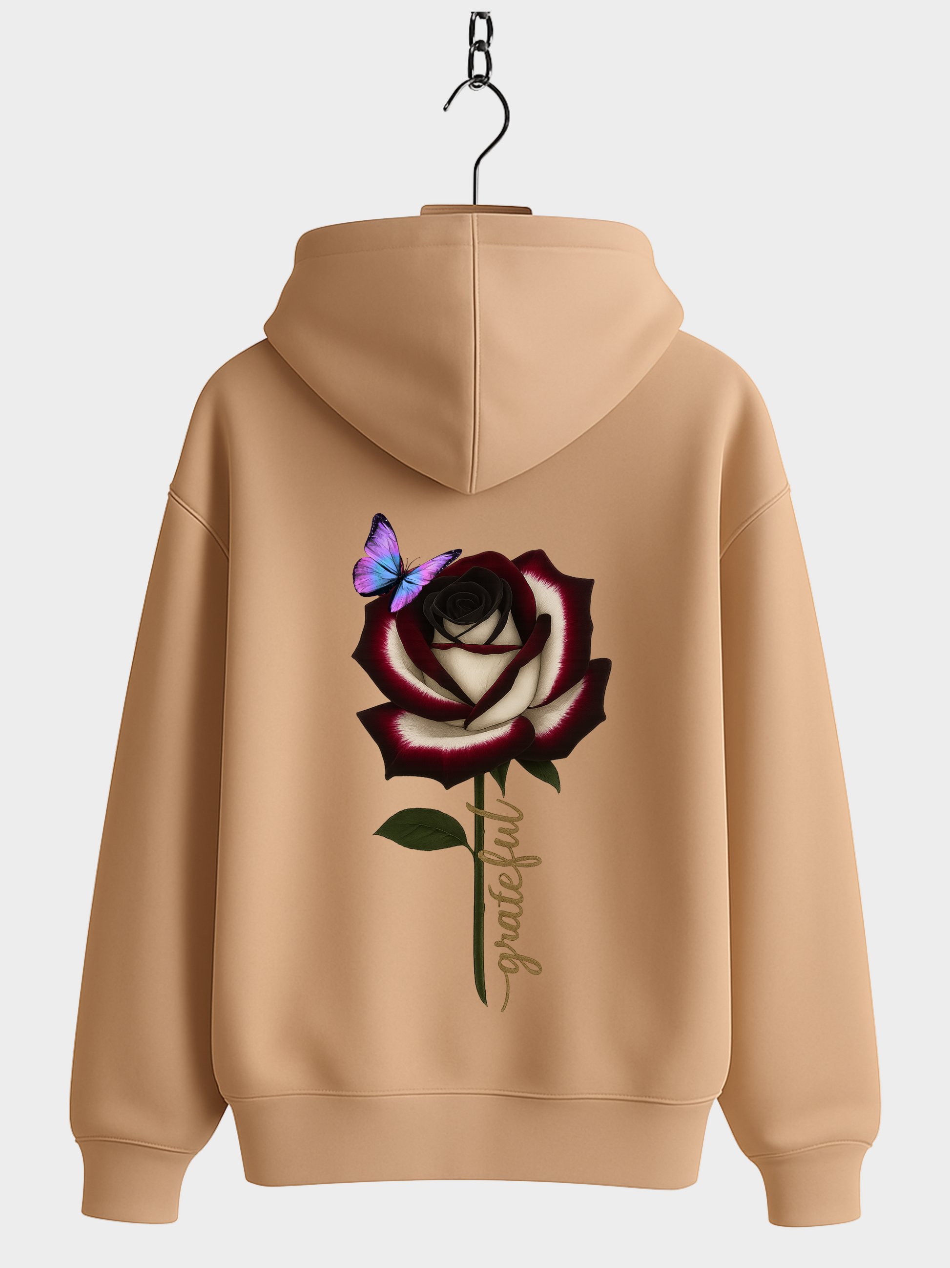Beige Hoodie Rückansicht mit Schmetterling und Rose Stickerei