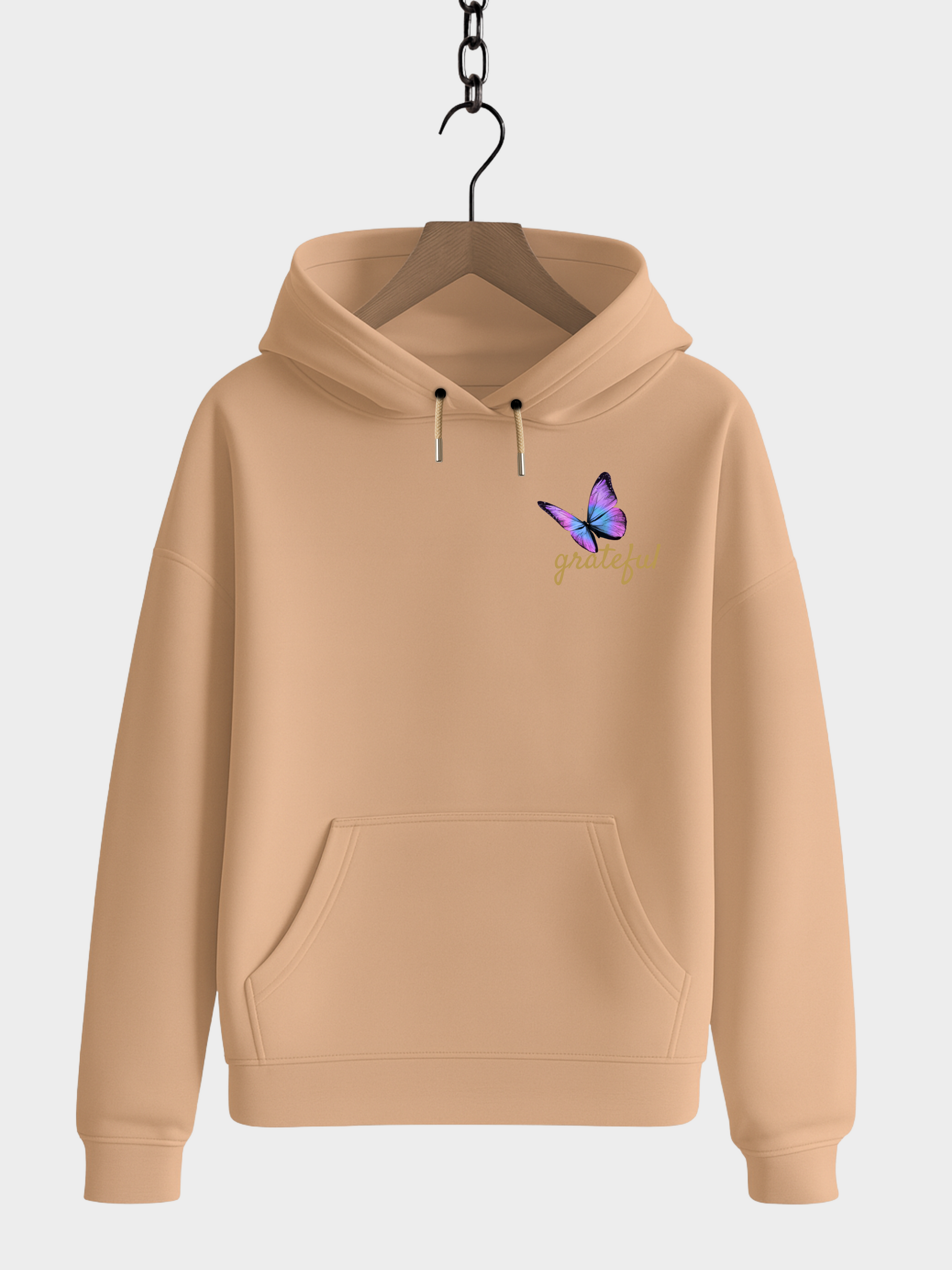 Beige Hoodie Frontansicht mit Rose und Schmetterling Motiv