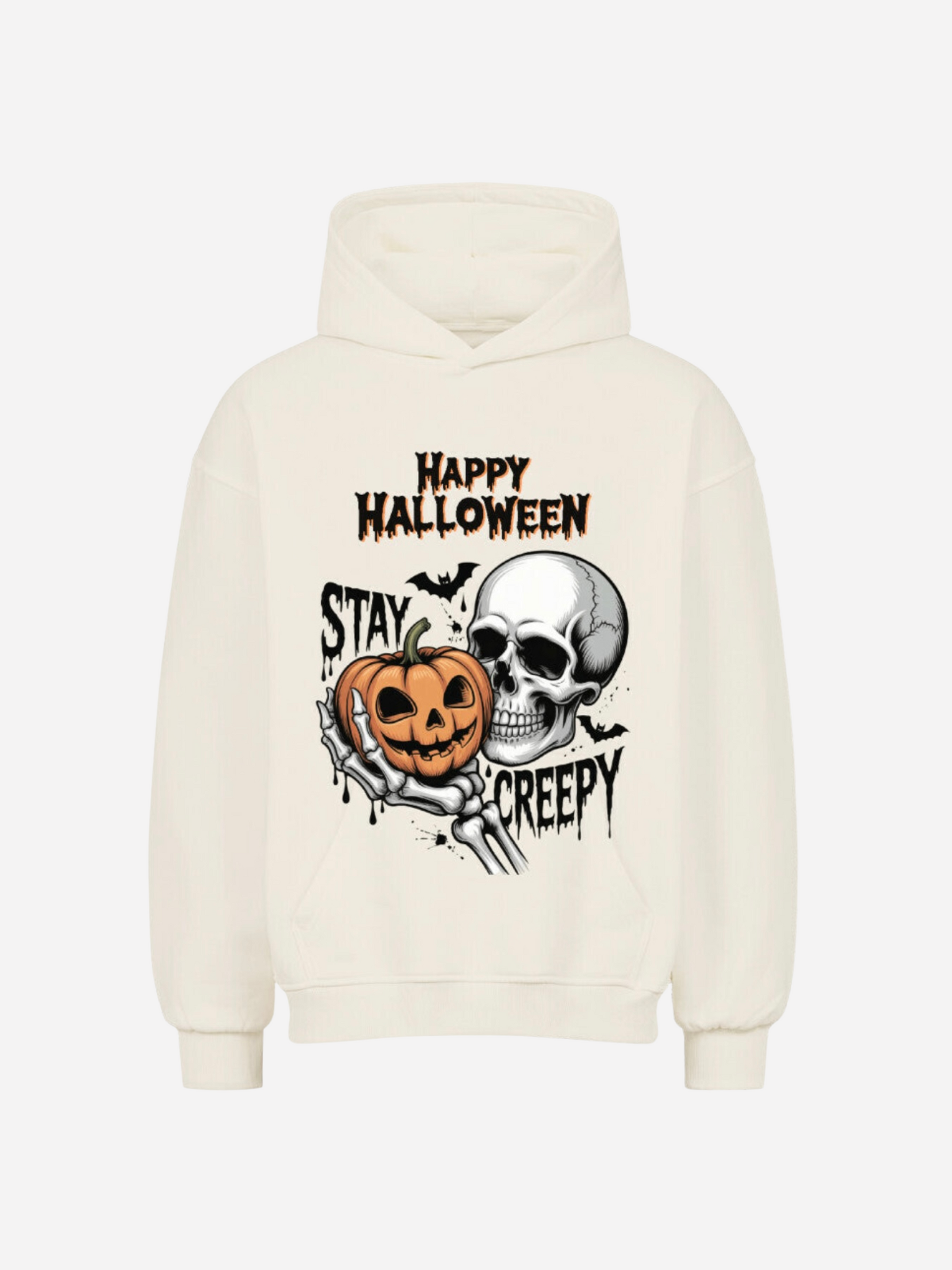 Cremefarbener Halloween Hoodie mit Totenkopf und Kürbis-Motiv. Skeletthand hält Kürbis, Schriftzug Happy Halloween und Stay Creepy. Streetwear im Grusel-Look für Damen und Herren.