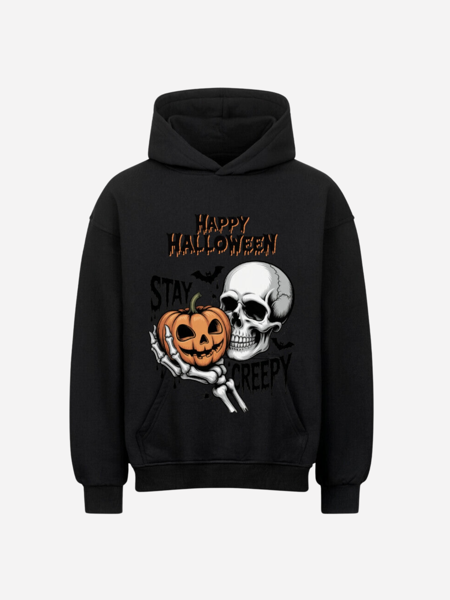 Schwarzer Halloween Hoodie mit Totenkopf und Kürbis-Motiv. Skelett-Hand hält einen Kürbis, darüber der Schriftzug Happy Halloween und Stay Creepy. Gruselige Streetwear für Halloween Fans.
