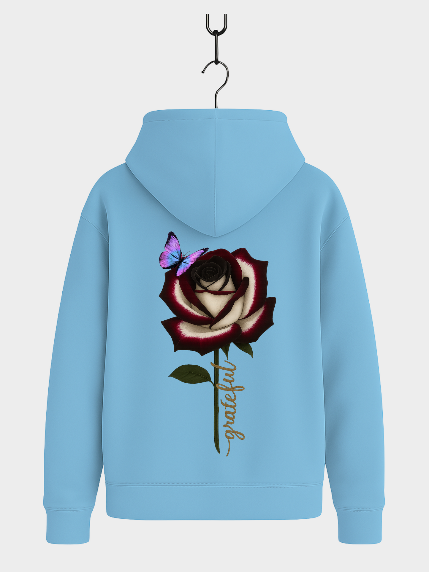 Hellblau Hoodie Rückansicht mit Rose und Schmetterling Motiv