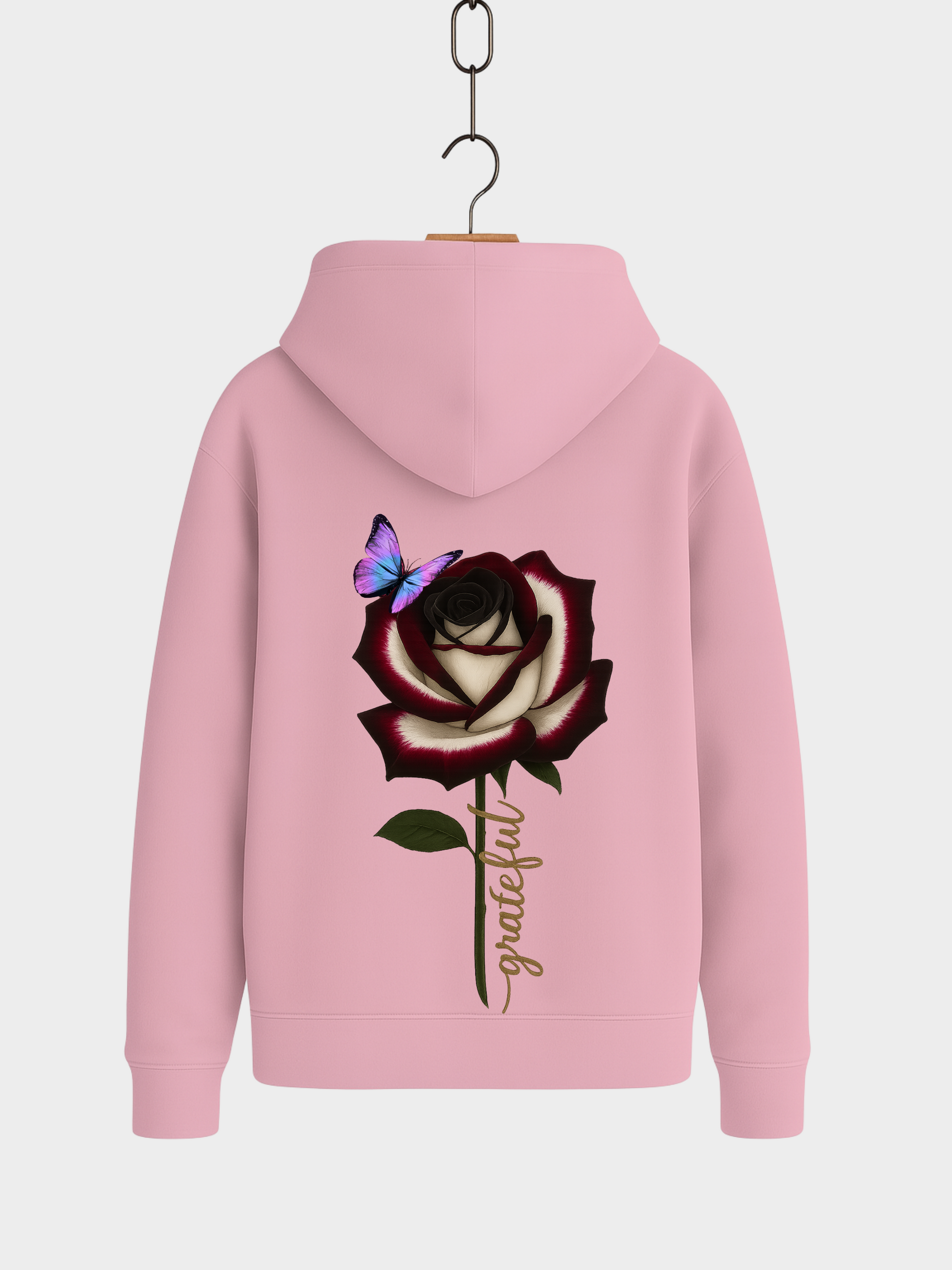 Rosa Hoodie Rückansicht mit Rose und Schmetterling Print