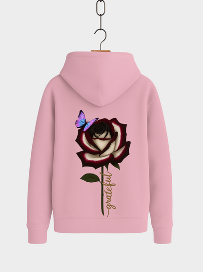 Rosa Hoodie Rückansicht mit Rose und Schmetterling Print