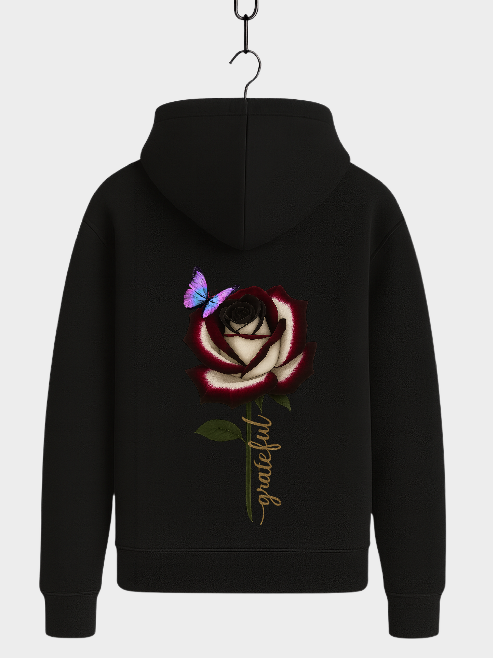 Schwarzer Hoodie Rückansicht mit Rose und Schmetterling Print
