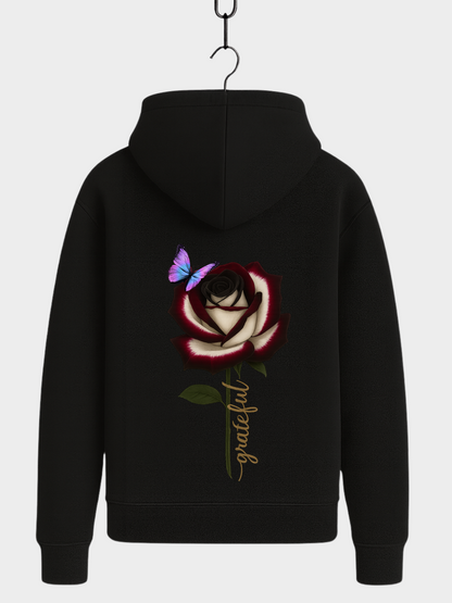 Schwarzer Hoodie Rückansicht mit Rose und Schmetterling Print