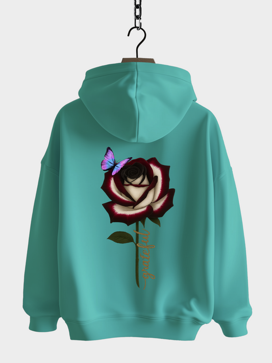 Türkis Hoodie Rückansicht mit Rose und Schmetterling Stickerei