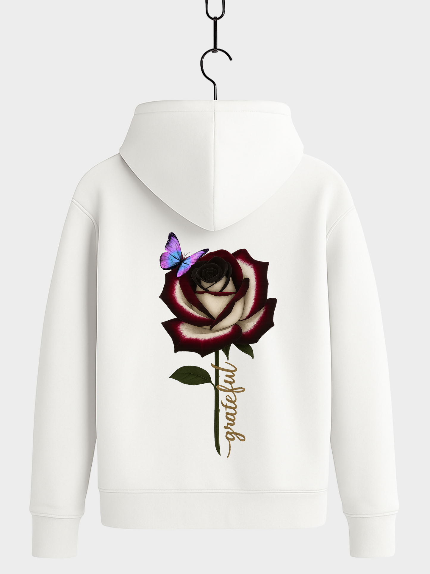 Weißer Hoodie Rückansicht mit Rose und Schmetterling Motiv