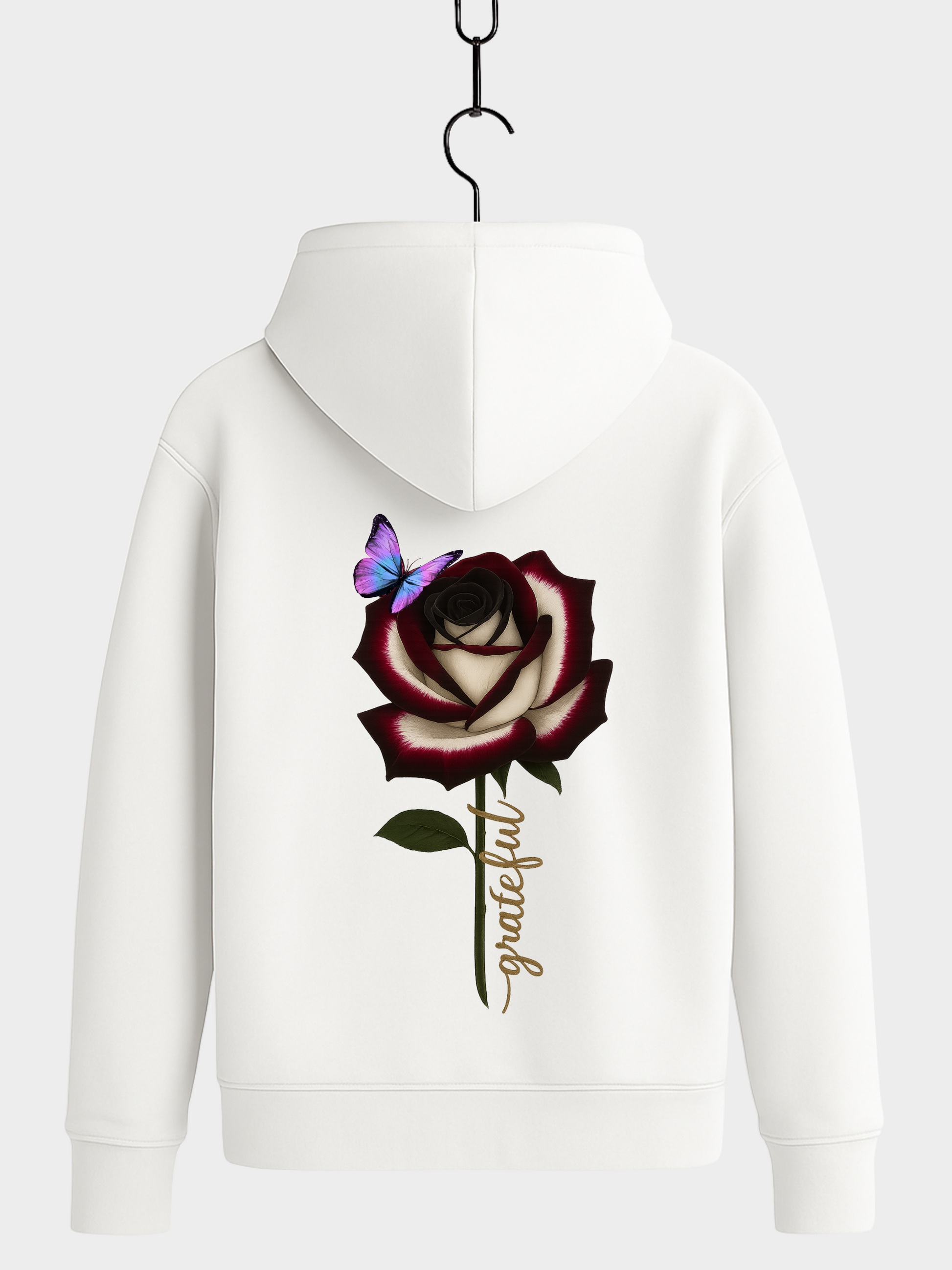 Weißer Hoodie Rückansicht mit Rose und Schmetterling Motiv