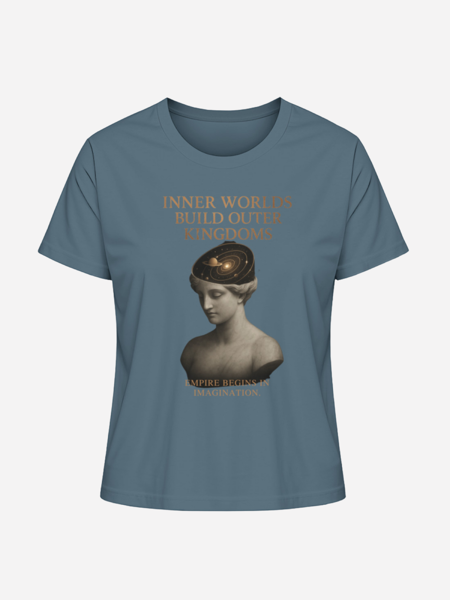 Blaues Damen T-Shirt mit Statue und Spruch Inner Worlds Build Outer Kingdoms in Kupferdruck
