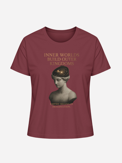 Bordeauxrotes Damen T-Shirt mit Statue und Spruch Inner Worlds Build Outer Kingdoms in Kupferdruck