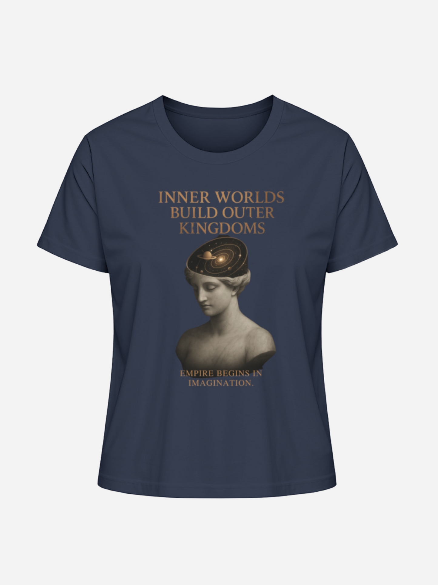 Navyblaues Damen T-Shirt mit Statue und Spruch Inner Worlds Build Outer Kingdoms in Kupferdruck