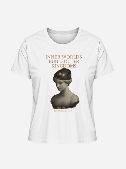 Weißes Damen T-Shirt mit Statue und Spruch Inner Worlds Build Outer Kingdoms in Kupferdruck