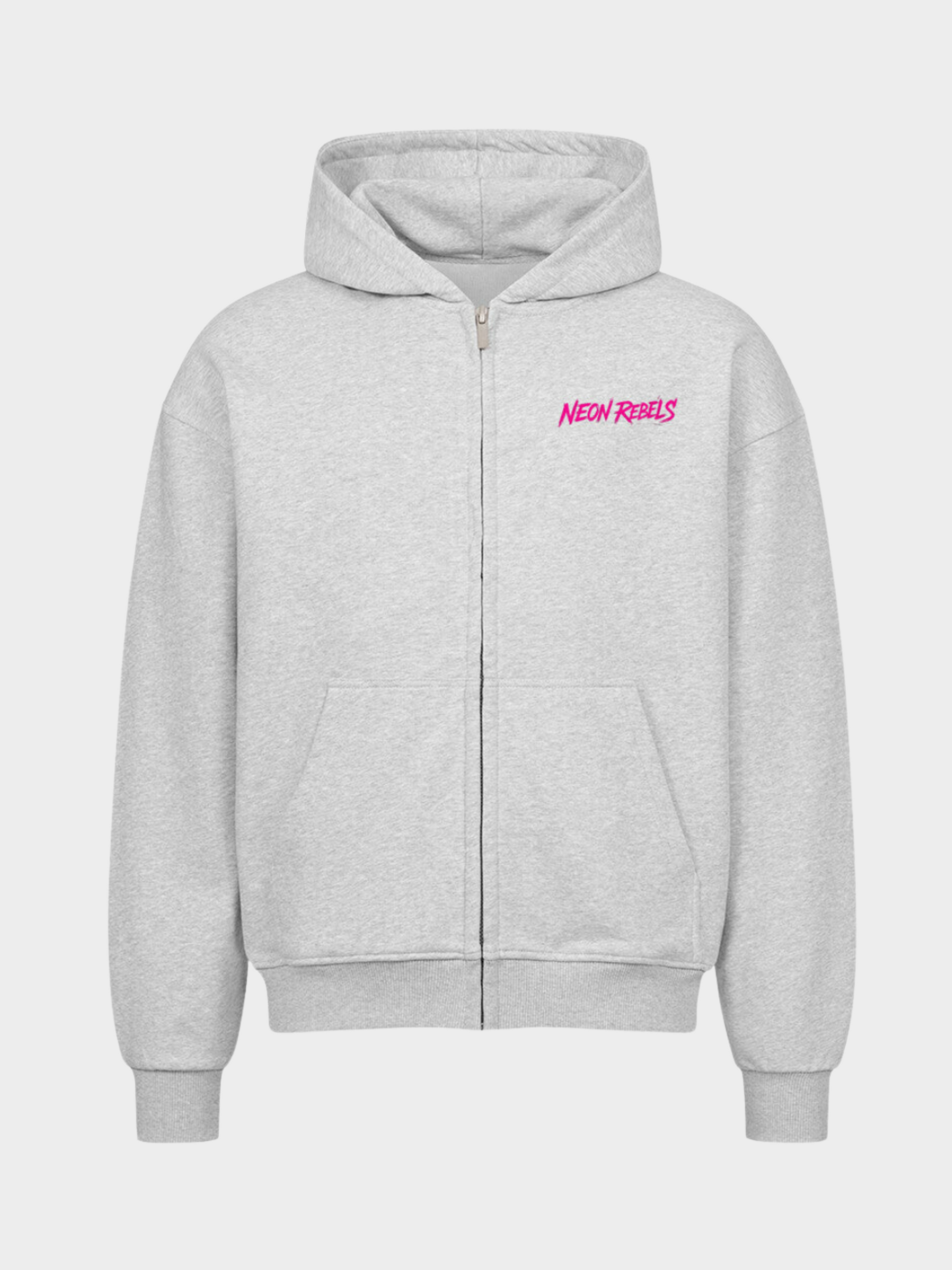 Grauer Zip-Hoodie mit kleinem Neon Rebels Logo in Pink auf der Brust – moderner Streetwear Style mit Kapuze und Reißverschluss.