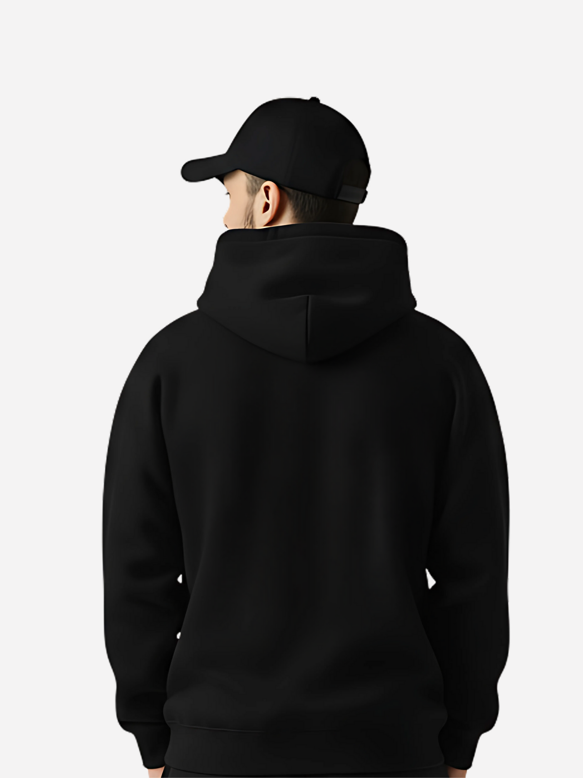 Rückansicht eines schwarzen Hoodies ohne Aufdruck, getragen von einem Mann mit schwarzer Cap. Der Hoodie hat eine Kapuze und ist schlicht auf neutralem Hintergrund dargestellt.