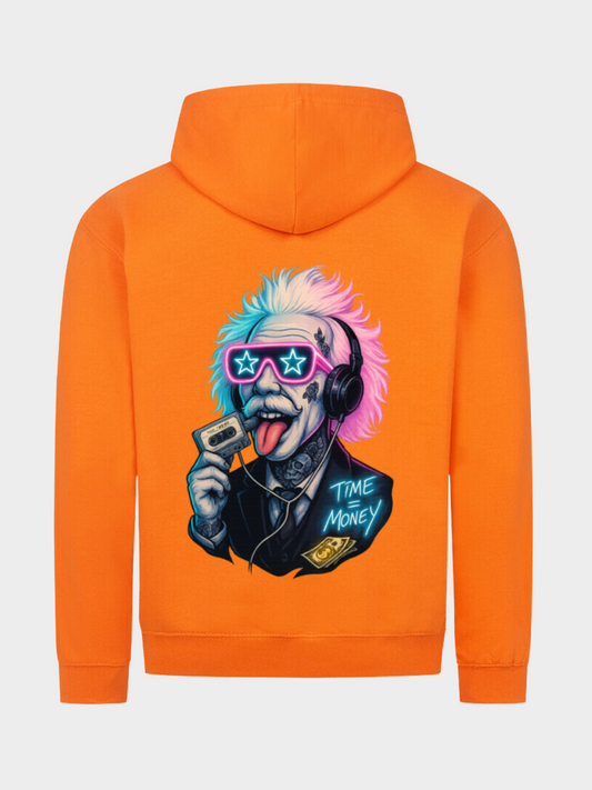 Orange Hoodie mit großem Time is Money Backprint – buntes Einstein-Design mit Neonbrille, Kopfhörern und Kassette, auffälliger Streetwear Look