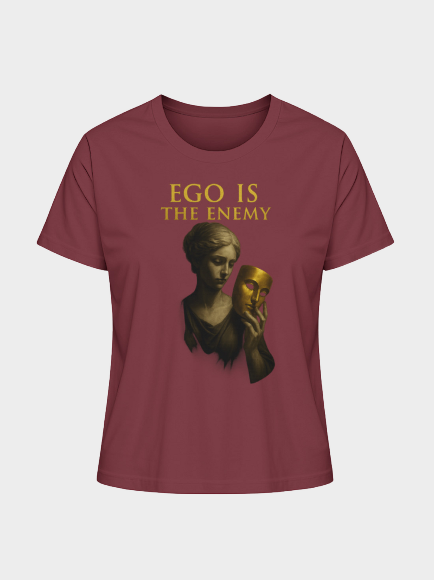 Bordeauxrotes T-Shirt mit goldener Aufschrift „EGO IS THE ENEMY“ und künstlerischem Print einer Frau, die eine goldene Maske in der Hand hält. Modernes Streetwear-Shirt mit tiefgründigem Design, ideal für Fashion und Statement-Looks.