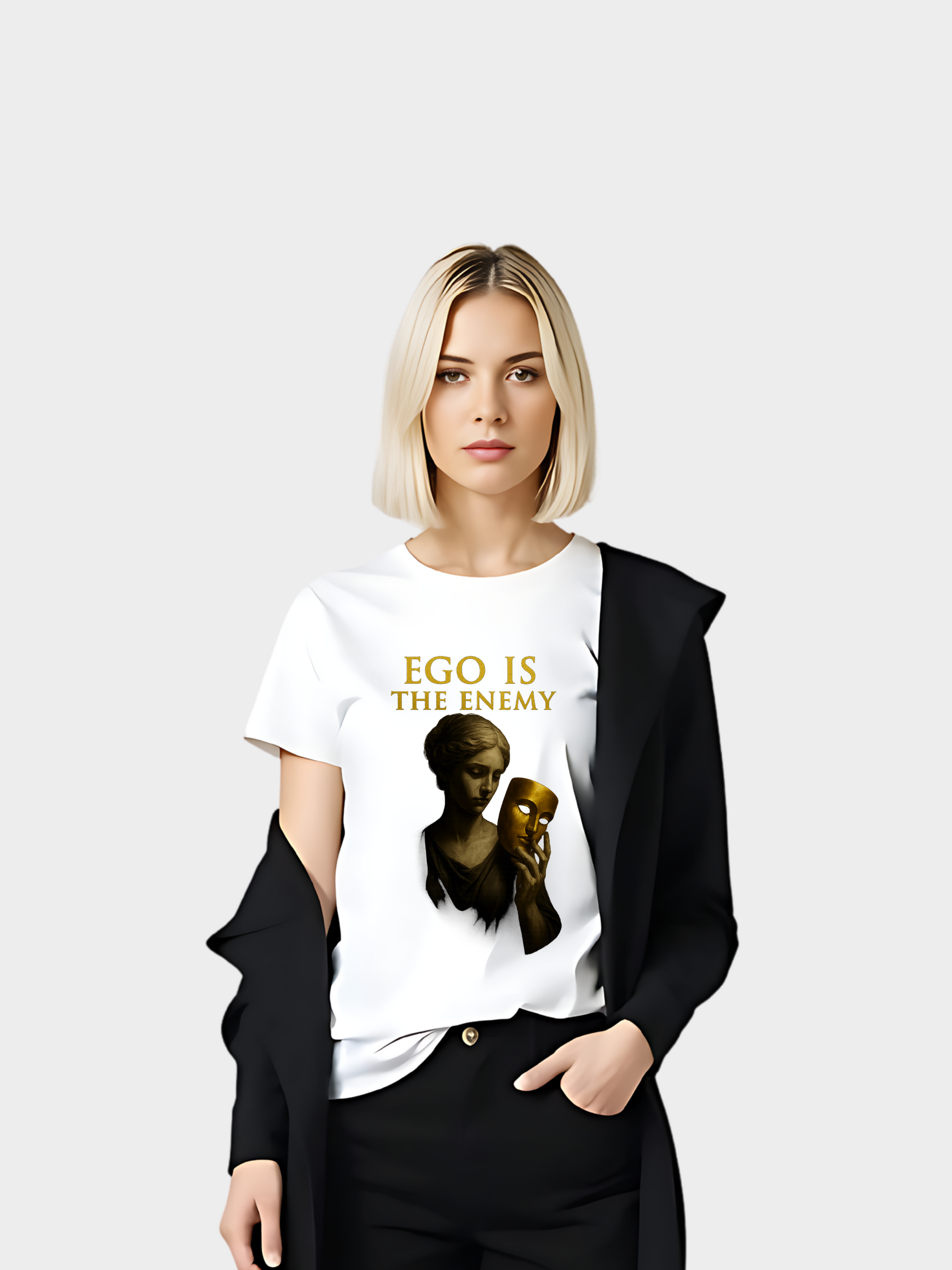 Weißes T-Shirt mit goldenem Aufdruck „EGO IS THE ENEMY“. Design zeigt eine antike Statue, die eine goldene Maske in der Hand hält. Modernes Streetwear-Shirt mit tiefgründiger Botschaft, kombiniert mit einem schwarzen Blazer für einen eleganten, urbanen Look.