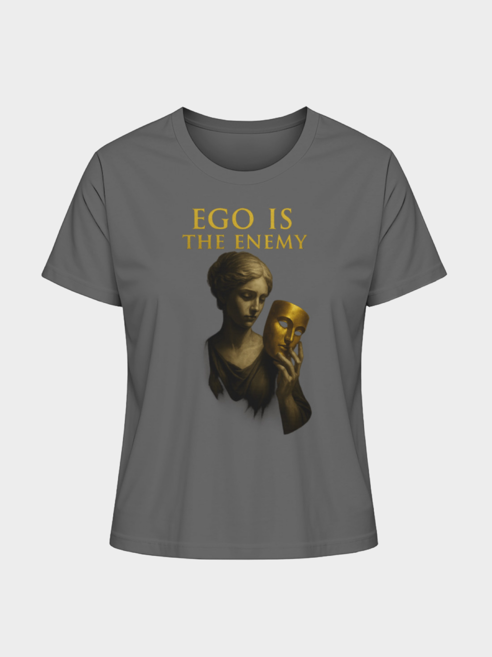 Graues T-Shirt mit goldener Aufschrift „EGO IS THE ENEMY“ und künstlerischem Print einer Frau, die eine goldene Maske in der Hand hält. Moderner und minimalistischer Look mit tiefgründiger Botschaft, ideal für Streetwear und Casual Outfits.
