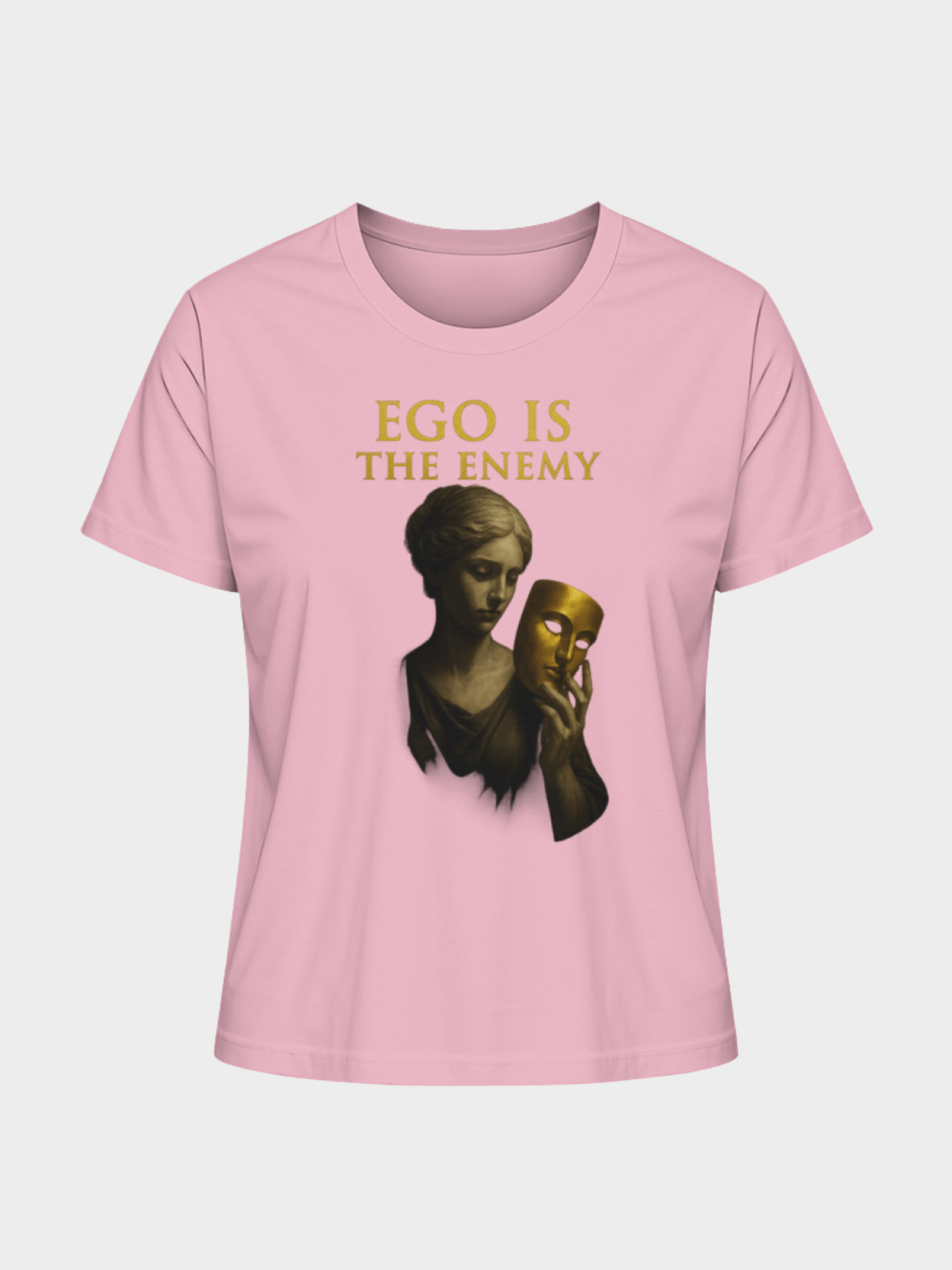 Rosa T-Shirt mit goldener Aufschrift „EGO IS THE ENEMY“ und kunstvollem Print einer Frau, die eine goldene Maske in der Hand hält. Auffälliges Fashion-Statement im femininen Streetwear-Look, perfekt für trendbewusste Styles.