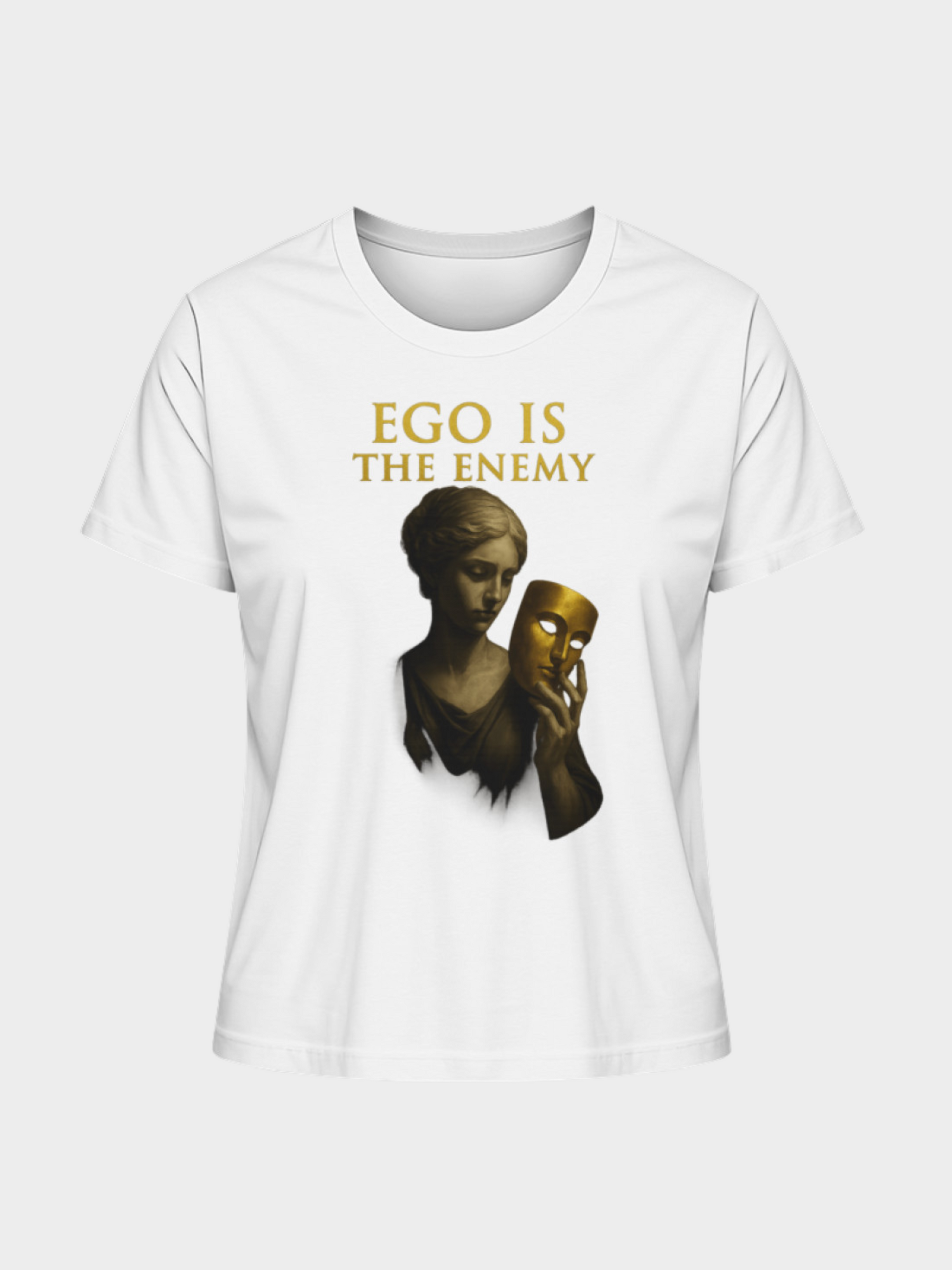 Weißes T-Shirt mit goldener Aufschrift „EGO IS THE ENEMY“ und künstlerischem Print einer Frau, die eine goldene Maske in der Hand hält. Minimalistisches Design mit tiefgründiger Message, perfekt kombinierbar für Streetwear und Casual Looks.
