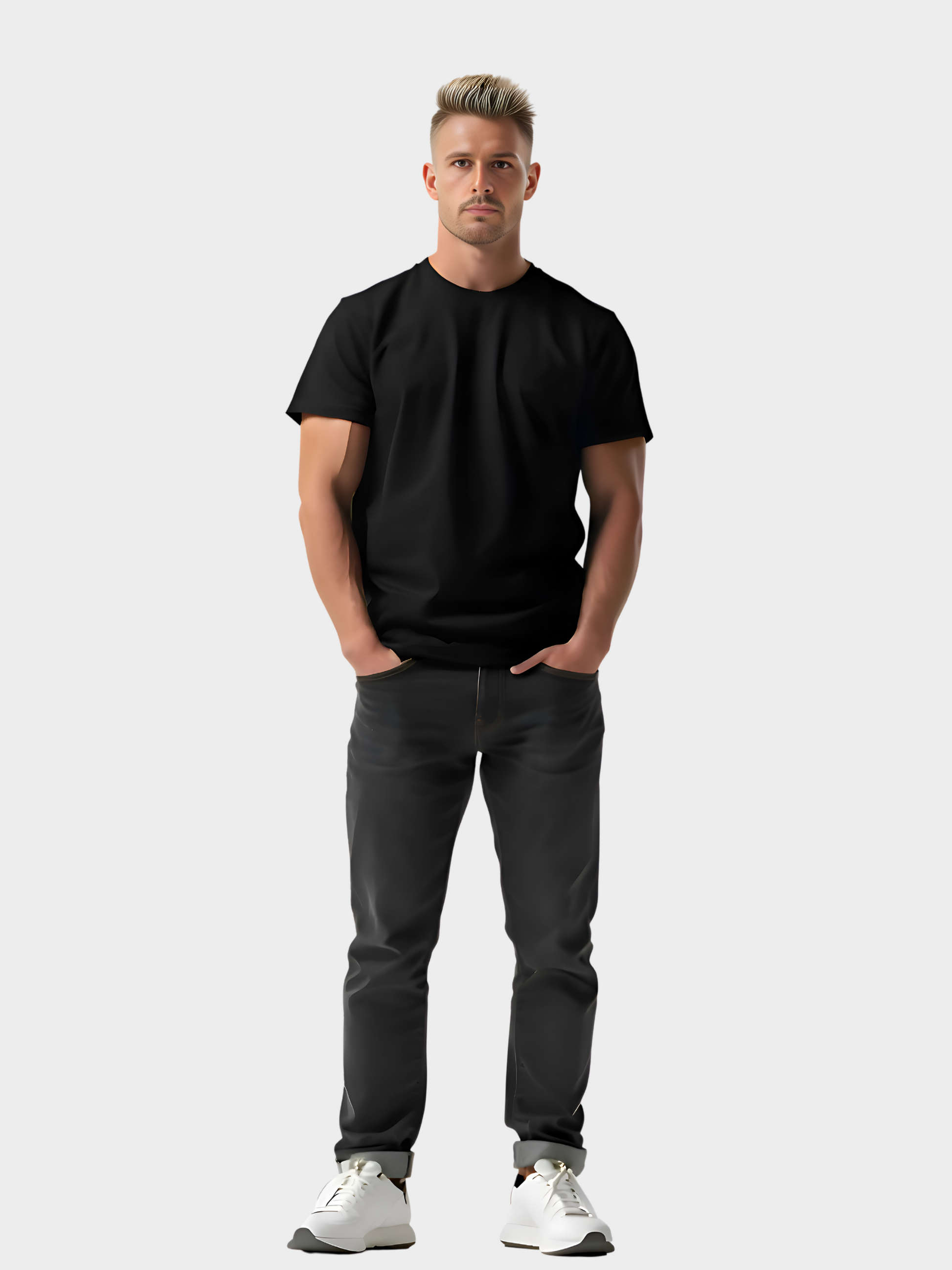 Schwarzes Basic-T-Shirt in moderner Passform, getragen von einem Mann mit sportlicher Figur. Minimalistisches Streetwear-Design, ideal als Grundlage für Drucke oder Logos. Kombiniert mit schwarzen Jeans und weißen Sneakern für einen urbanen Look.