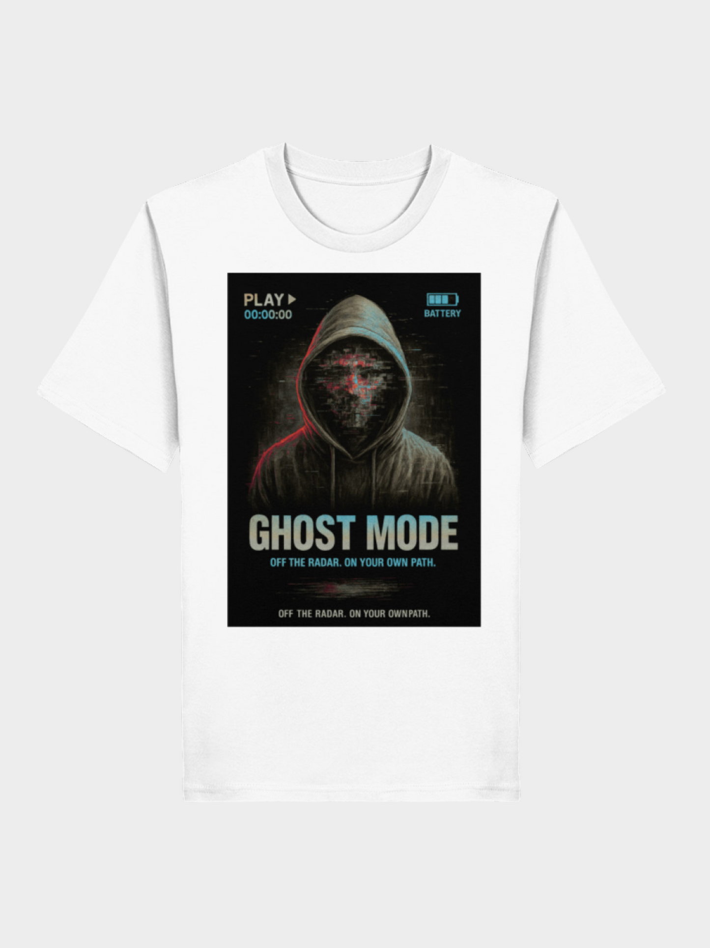 Vyfinity Ghost Mode T-Shirt in Weiß mit futuristischem Kapuzen-Glitch-Design. Statement-Print „Ghost Mode – Off the Radar. On Your Own Path.“ – auffällige Streetwear mit Cyberpunk-Flair.