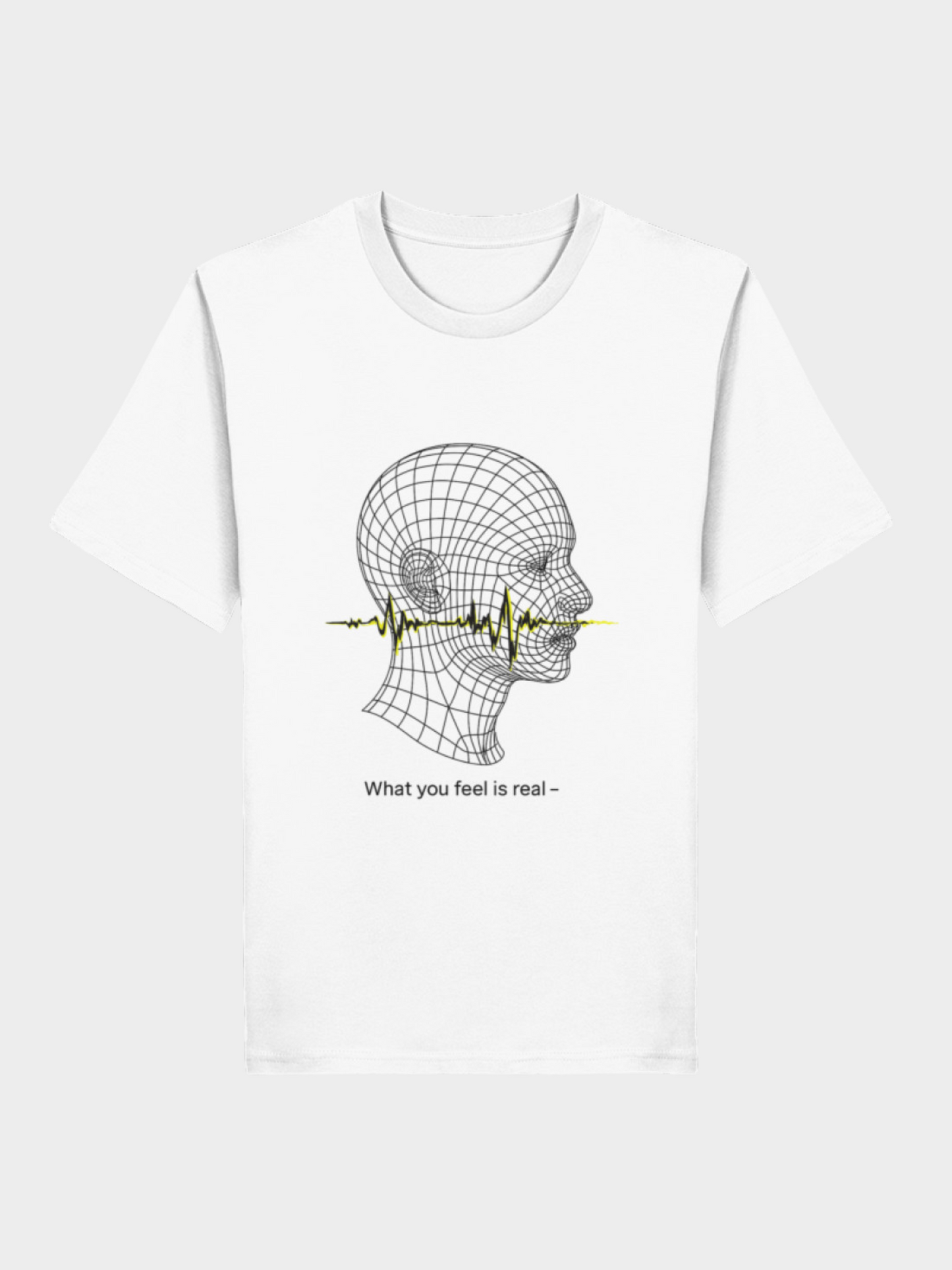 Weißes Vyfinity T-Shirt mit futuristischem Linienkopf-Design. Durch den Kopf verläuft eine gelbe Soundwave mit dem Spruch „What you feel is real –“. Modernes Graphic Shirt im minimalistischen Techno-Stil.
