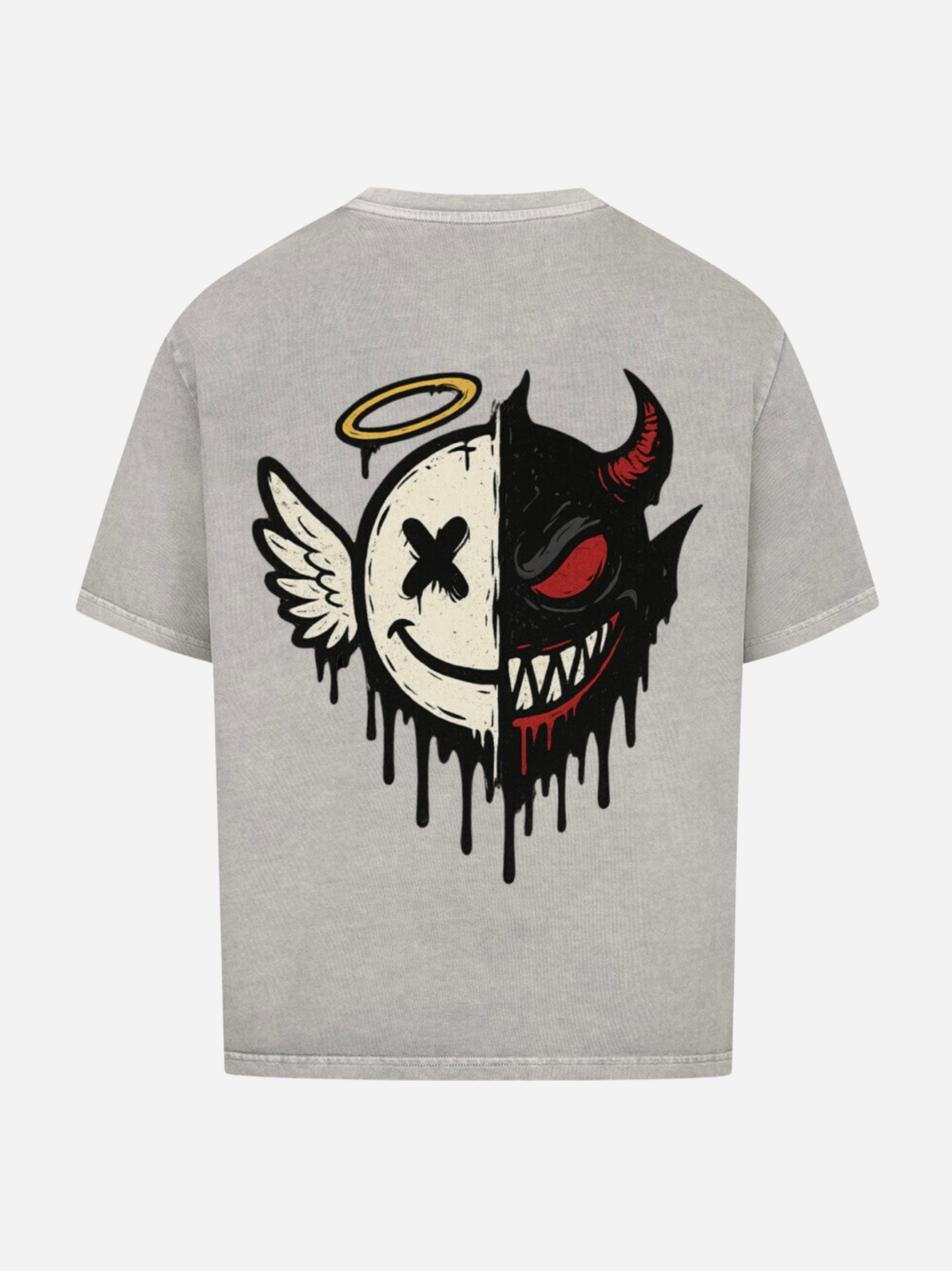 Graues Oversized T-Shirt mit großem Rückendruck: halb Engel, halb Teufel Smiley, tropfender Effekt, Flügel, Heiligenschein und rote Teufelsseite. Urban Streetwear Look, auffälliges Statement-Piece.