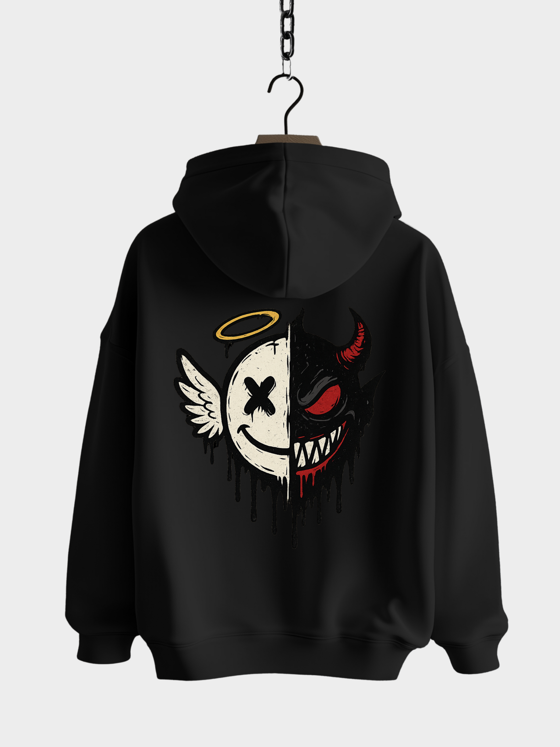 Vyfinity Oversize Hoodie in Schwarz mit großem Rückenprint – Engel und Teufel Half Face Design, Unisex Kapuzenpullover im urbanen Streetwear Look.