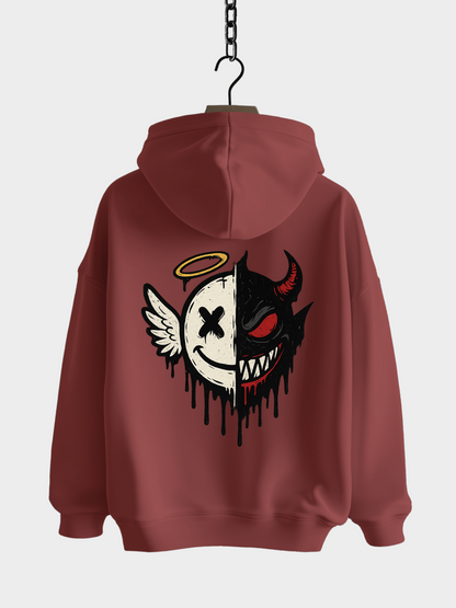 Vyfinity Oversize Hoodie in Burgundy Rot mit großem Rückenprint – Engel und Teufel Half Face Logo, Streetwear Kapuzenpullover für Herren und Damen.