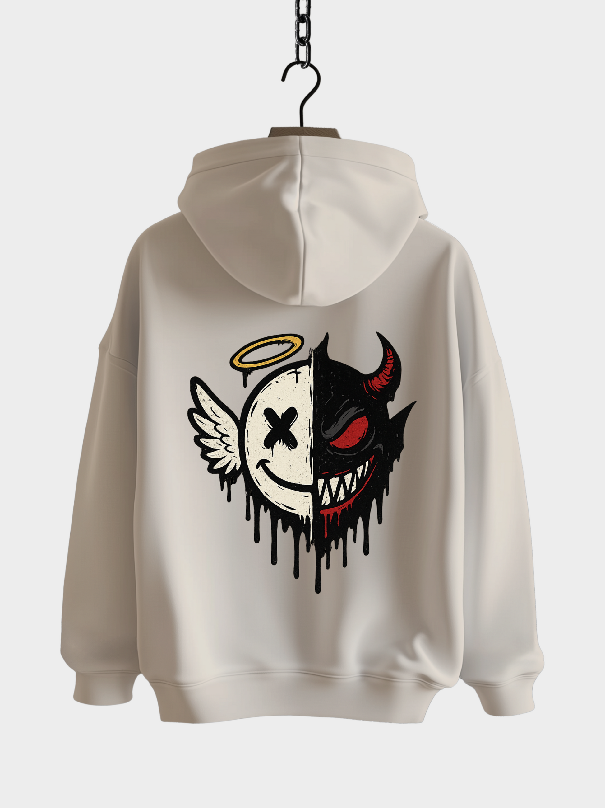 Vyfinity Oversize Hoodie in Creme mit großem Rückenprint – Engel und Teufel Half Face Design, Streetwear Kapuzenpullover Unisex mit auffälligem Print.