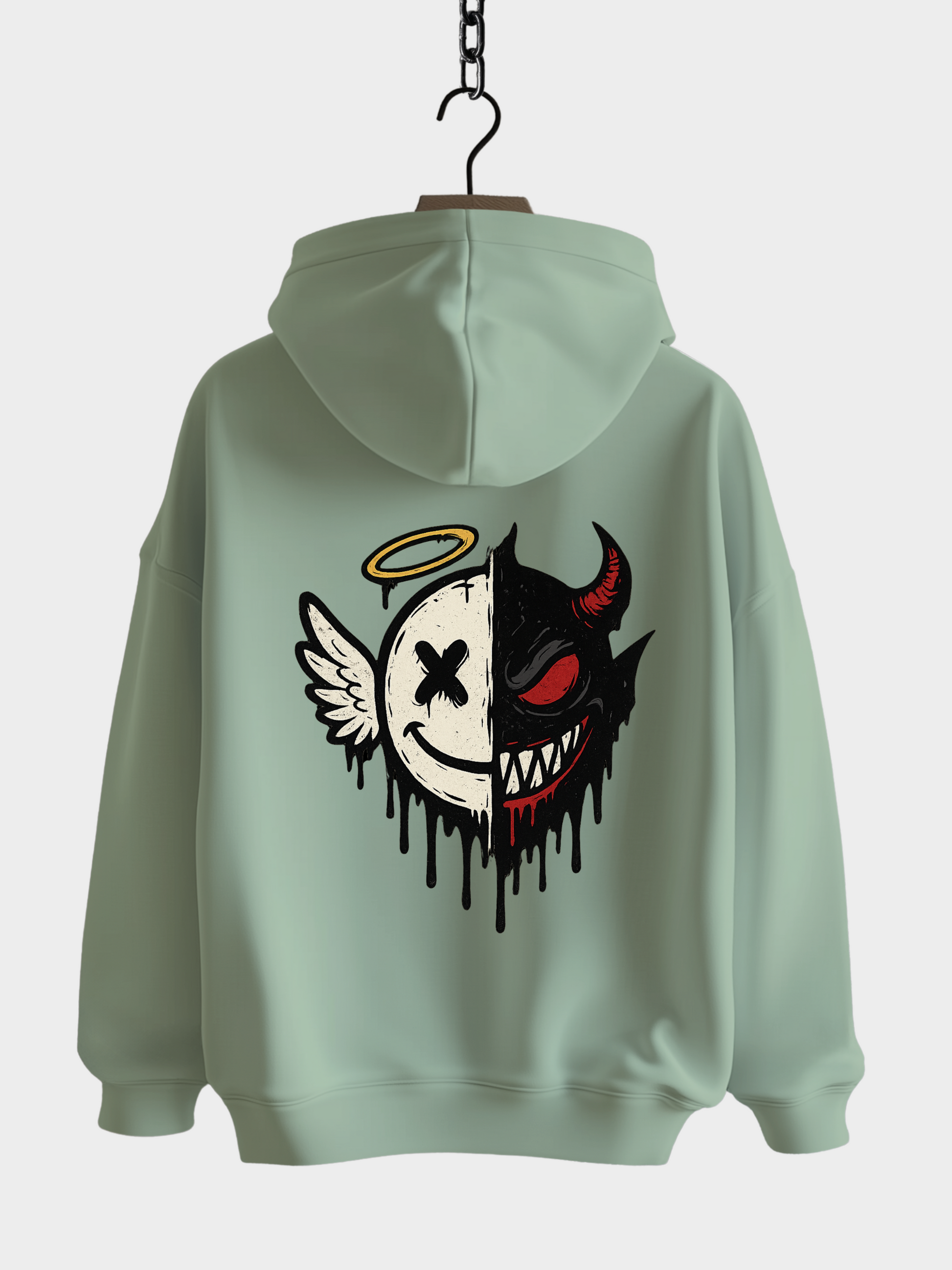 Vyfinity Oversize Hoodie in Mintgrün mit großem Rückenprint – Engel und Teufel Half Face Design, Streetwear Kapuzenpullover Unisex mit auffälligem Motiv.
