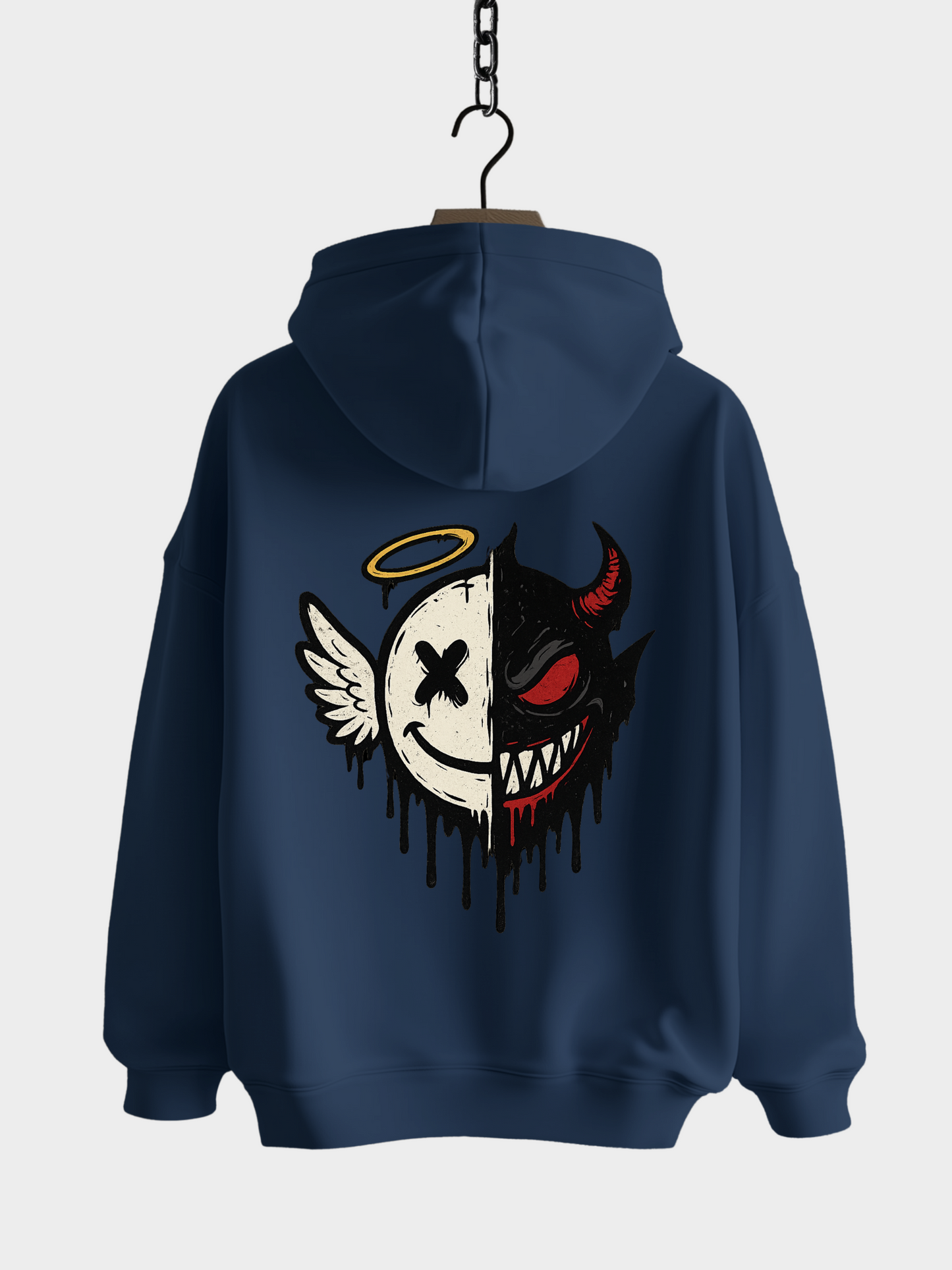 Vyfinity Oversize Hoodie in Navy Blau mit großem Rückenprint – Engel und Teufel Half Face Logo, Streetwear Kapuzenpullover für Herren und Damen.