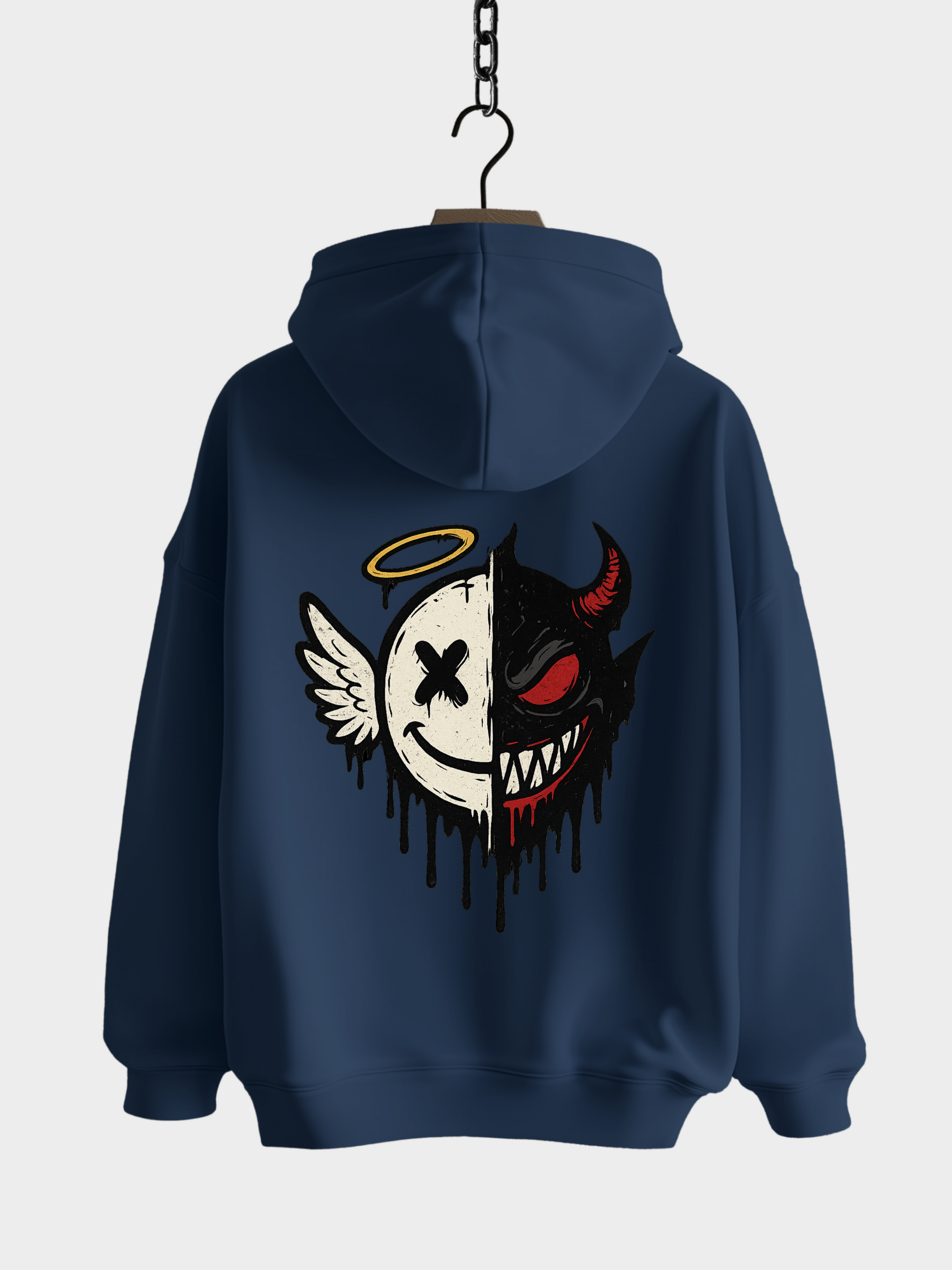 Vyfinity Oversize Hoodie in Navy Blau mit großem Rückenprint – Engel und Teufel Half Face Logo, Streetwear Kapuzenpullover für Herren und Damen.