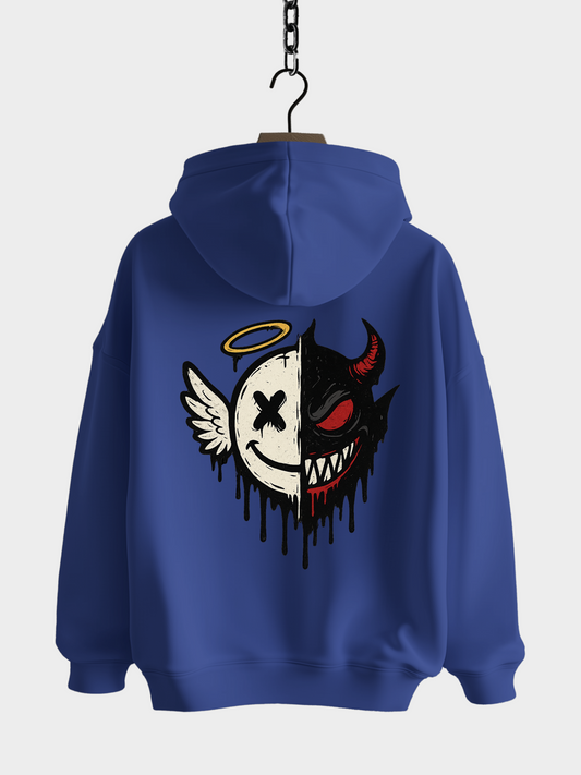 Vyfinity Oversize Hoodie in Royalblau mit großem Rückenprint – Engel und Teufel Half Face Design, markanter Unisex Streetwear Hoodie mit Kapuze.