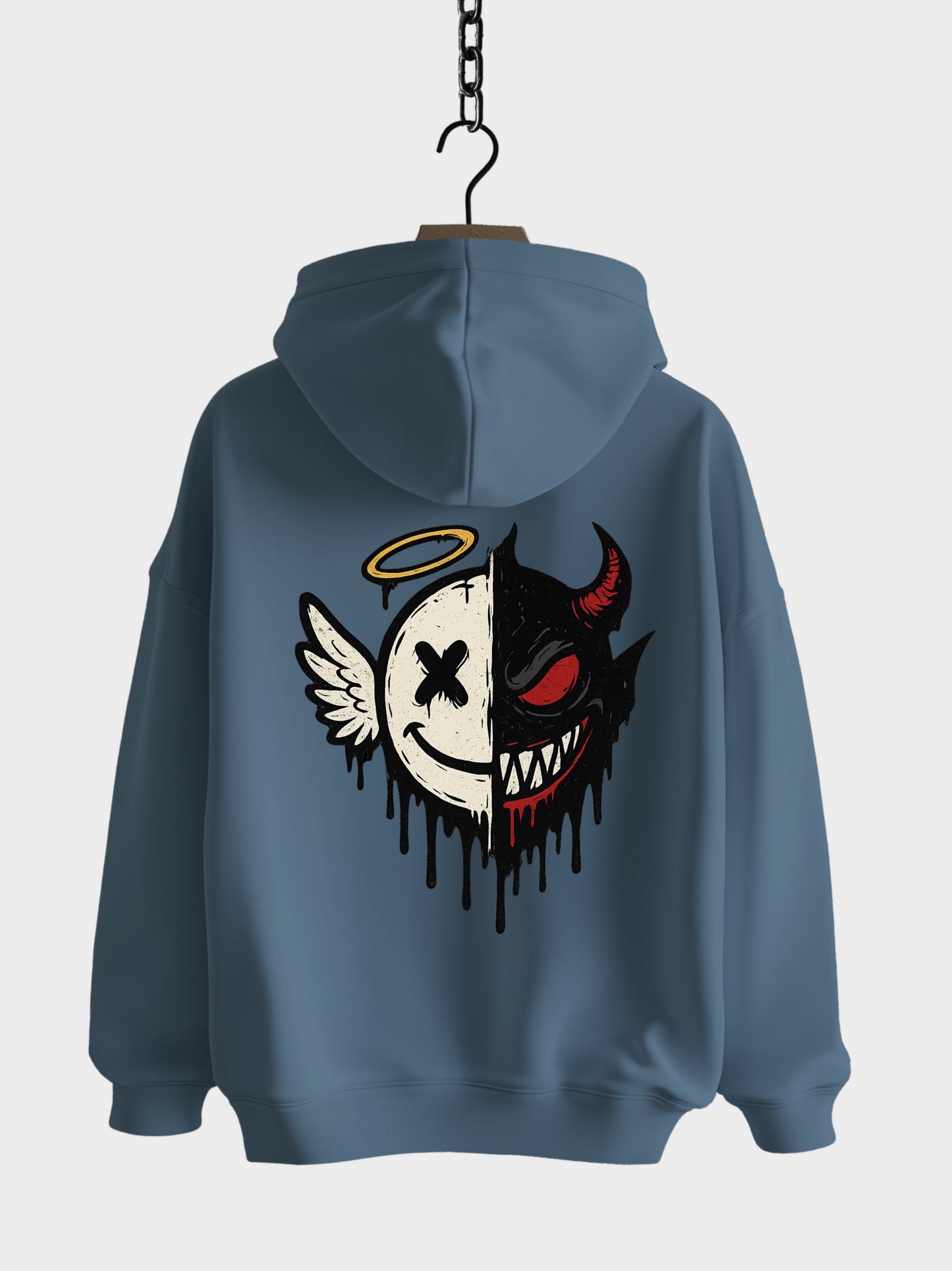 Vyfinity Oversize Hoodie in Stahlblau mit großem Rückenprint – Engel und Teufel Half Face Design, lässiger Unisex Hoodie mit Kapuze im Streetwear Style.