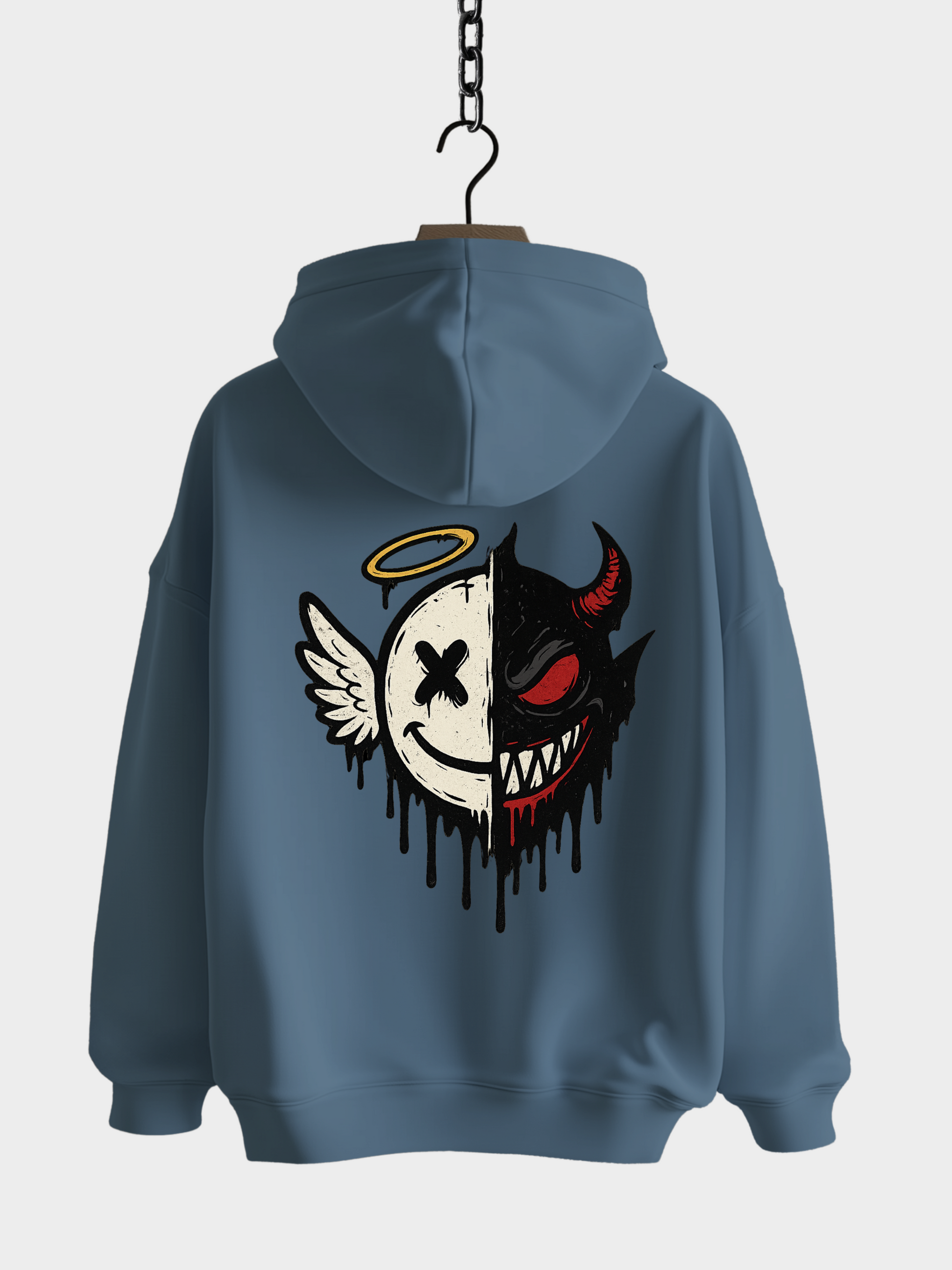 Vyfinity Oversize Hoodie in Stahlblau mit großem Rückenprint – Engel und Teufel Half Face Design, lässiger Unisex Hoodie mit Kapuze im Streetwear Style.