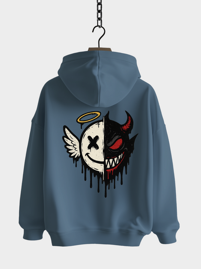 Vyfinity Oversize Hoodie in Stahlblau mit großem Rückenprint – Engel und Teufel Half Face Design, lässiger Unisex Hoodie mit Kapuze im Streetwear Style.