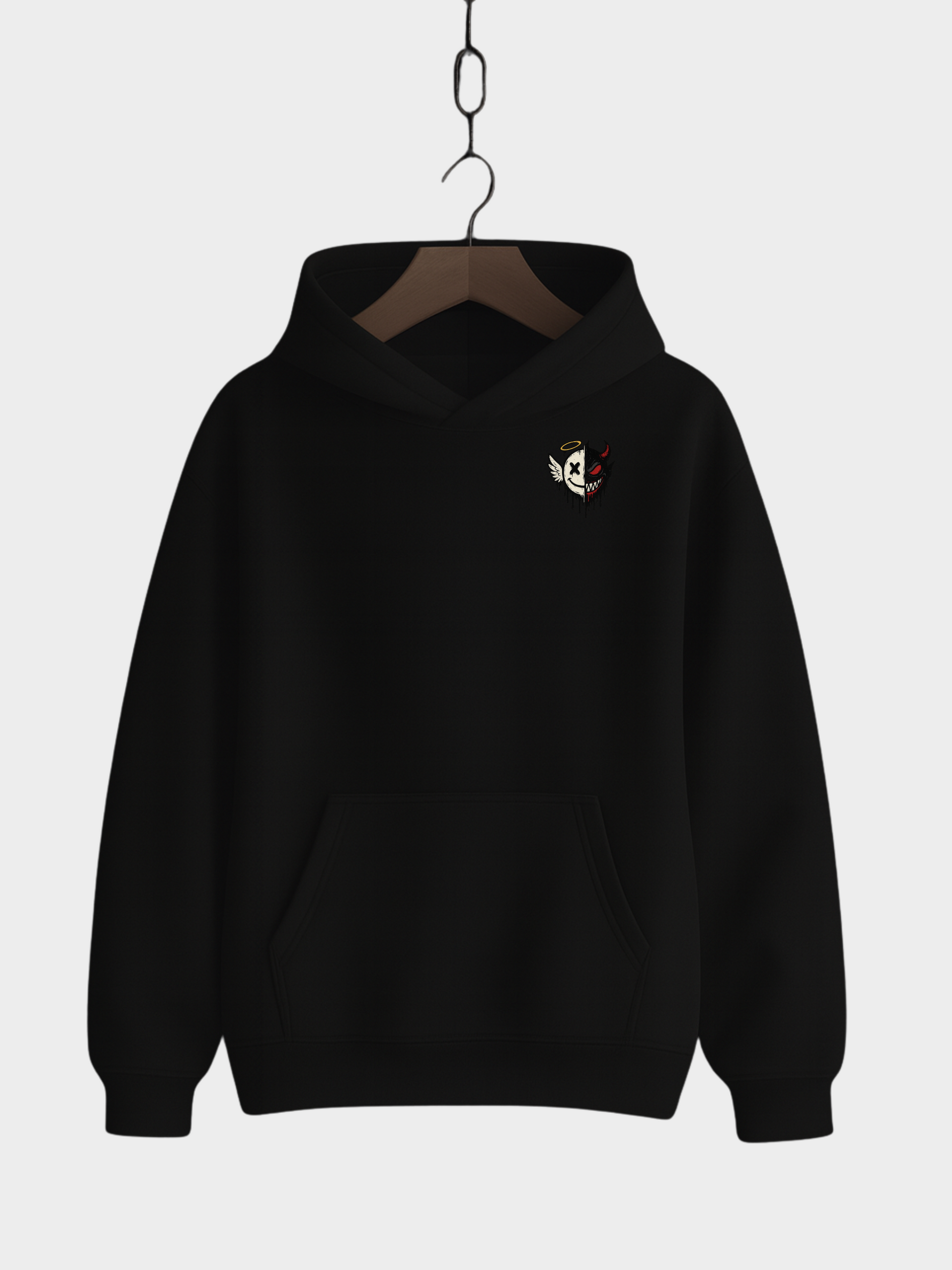 Vyfinity Oversize Hoodie in Schwarz mit kleinem Brustprint – Engel und Teufel Half Face Design, Unisex Kapuzenpullover im minimalistischen Streetwear Look.