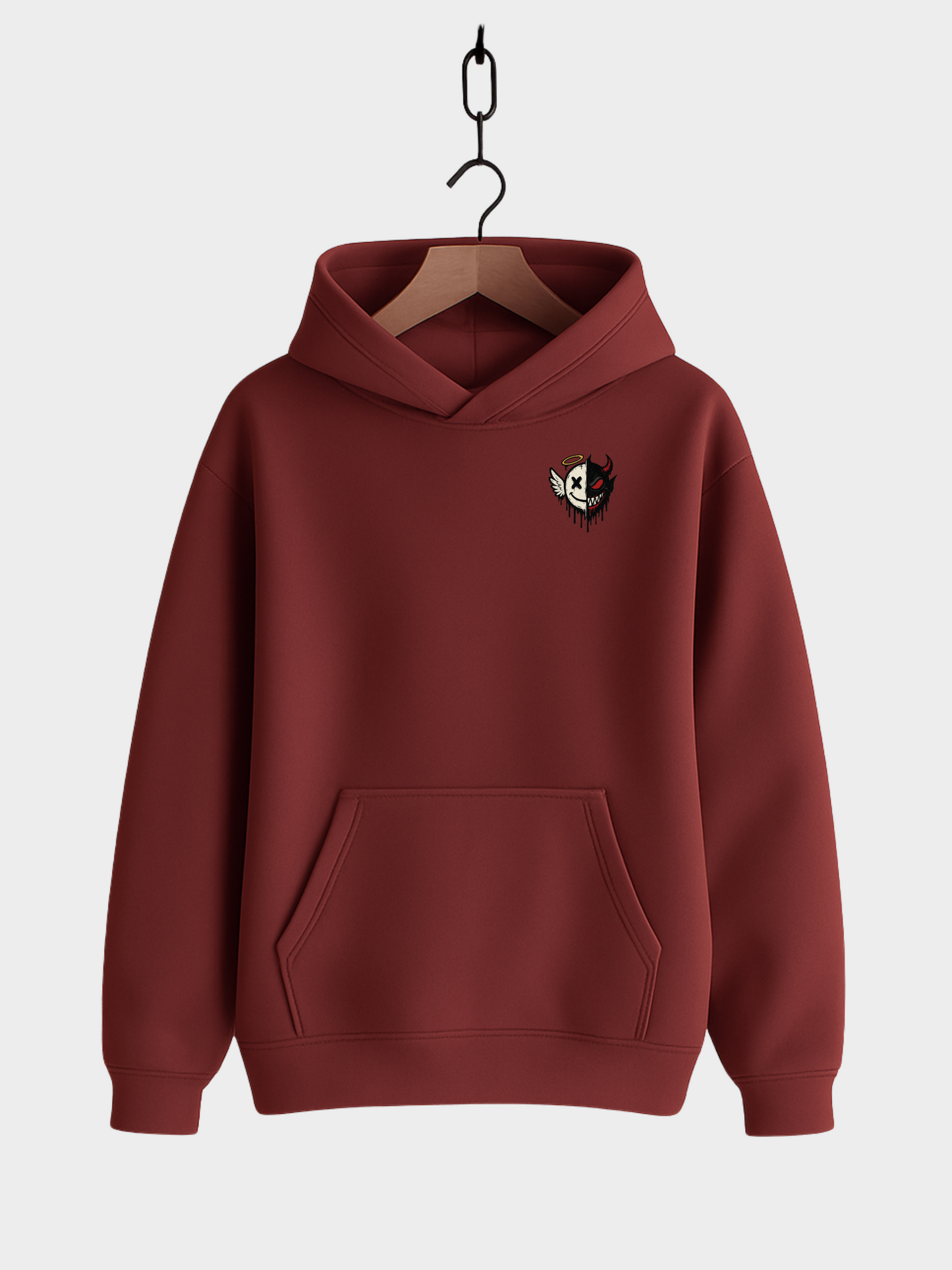 Vyfinity Oversize Hoodie in Burgundy Rot mit kleinem Frontprint – Engel und Teufel Half Face Logo, Streetwear Kapuzenpullover für Herren und Damen.