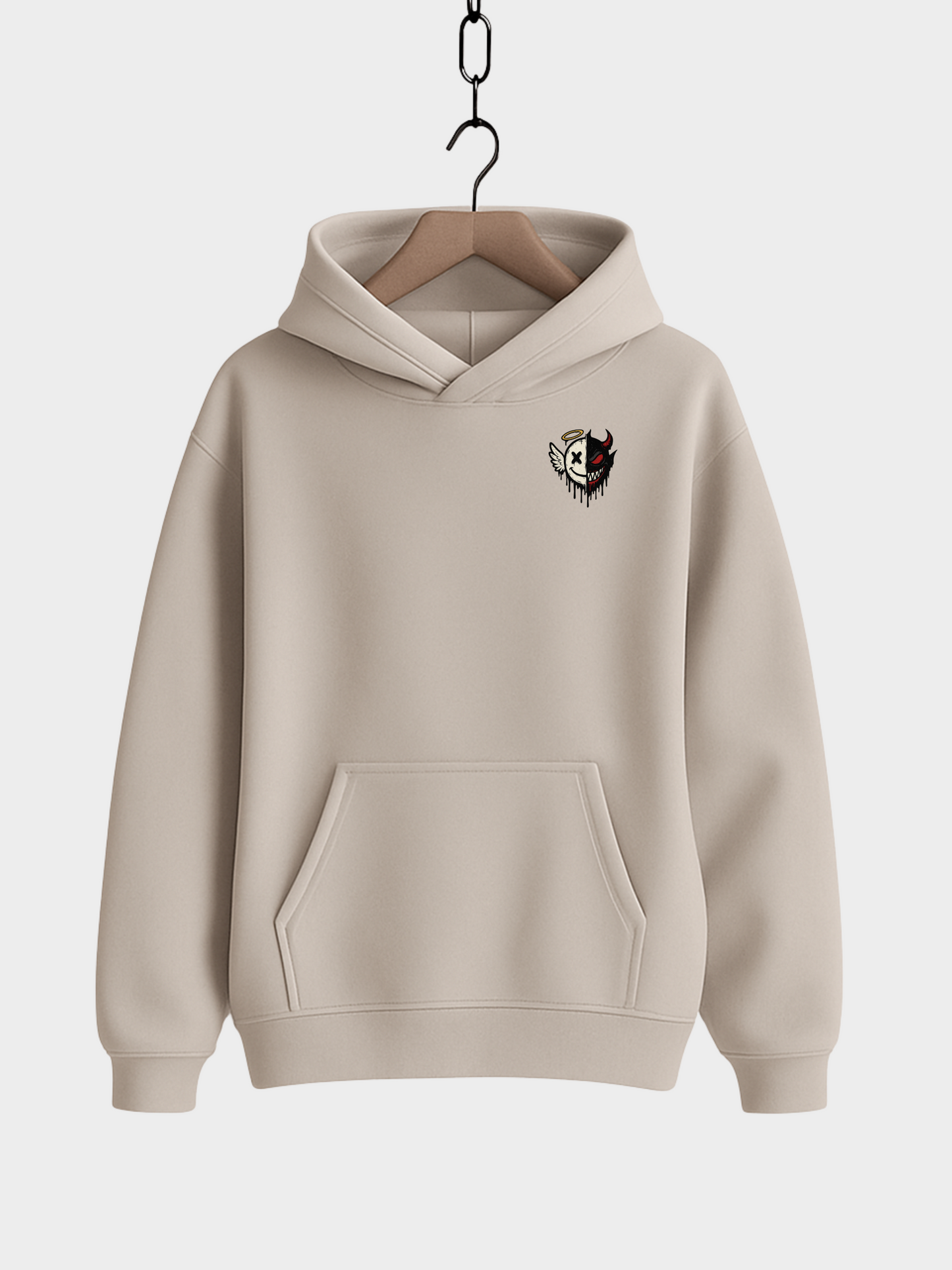 Vyfinity Oversize Hoodie in Creme mit kleinem Brustprint – Engel und Teufel Half Face Design, Streetwear Kapuzenpullover Unisex mit dezenter Stickoptik.