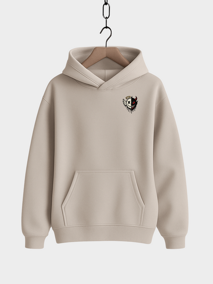 Vyfinity Oversize Hoodie in Creme mit kleinem Brustprint – Engel und Teufel Half Face Design, Streetwear Kapuzenpullover Unisex mit dezenter Stickoptik.